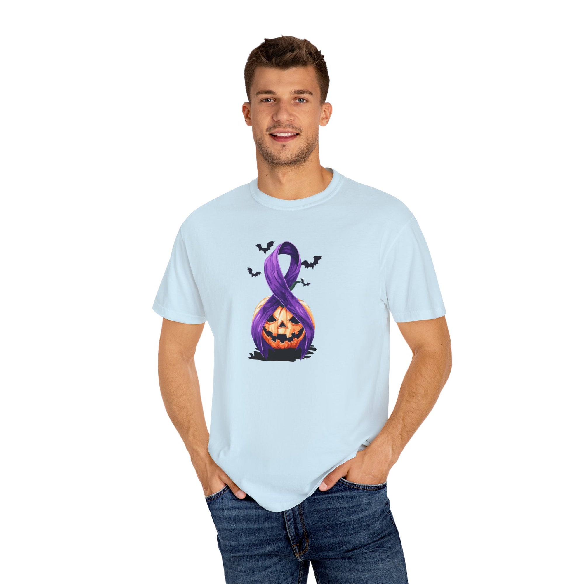 Halloween Pumpkin Unisex T-Shirt with Purple Ribbon Design