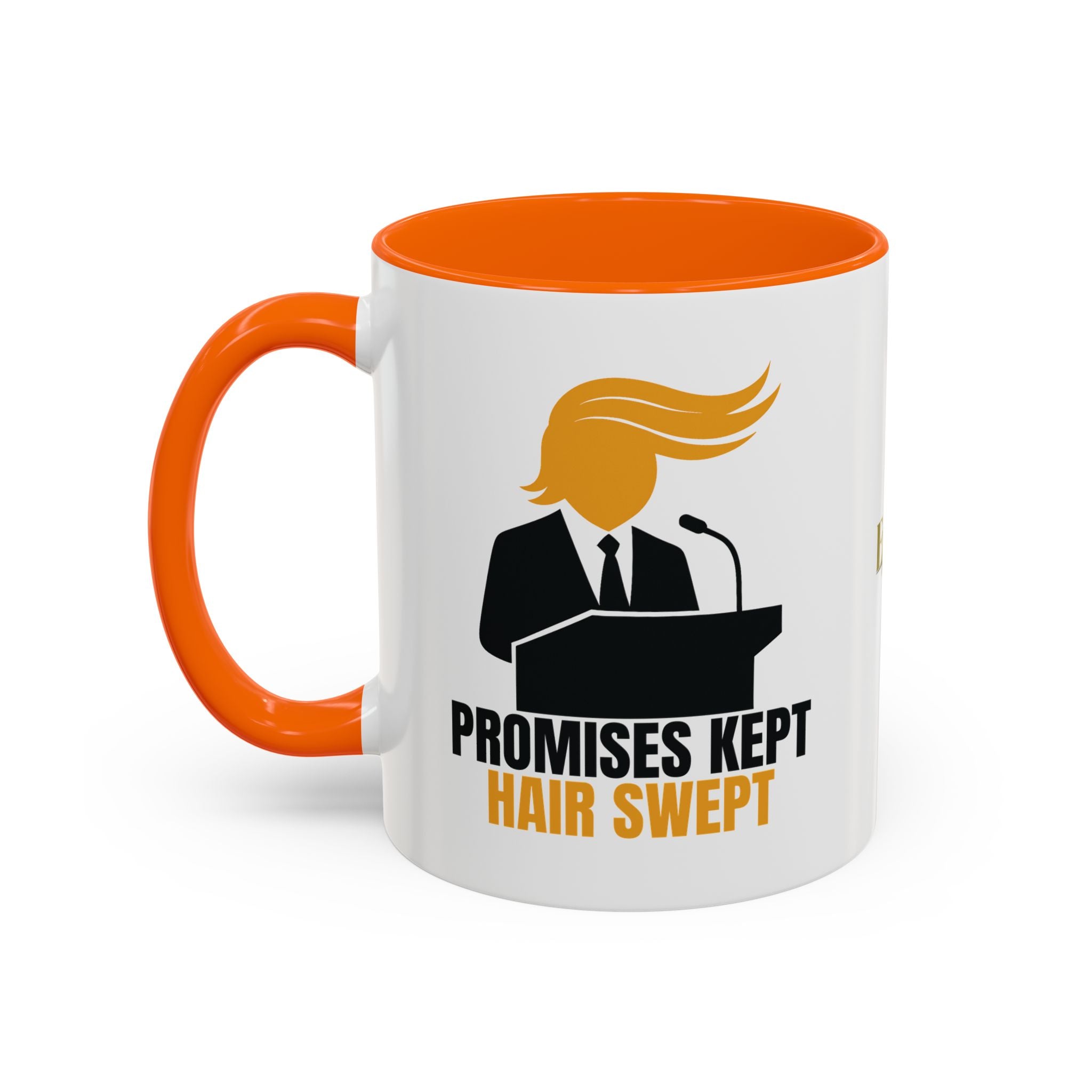 Promises Kept, Hair Swept — Two-Tone Coffee Mug (Political Parody)