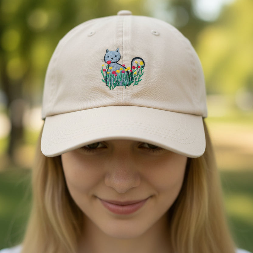 Floral Cat Embroidered Hat – Soft Garden Cat Cotton Cap