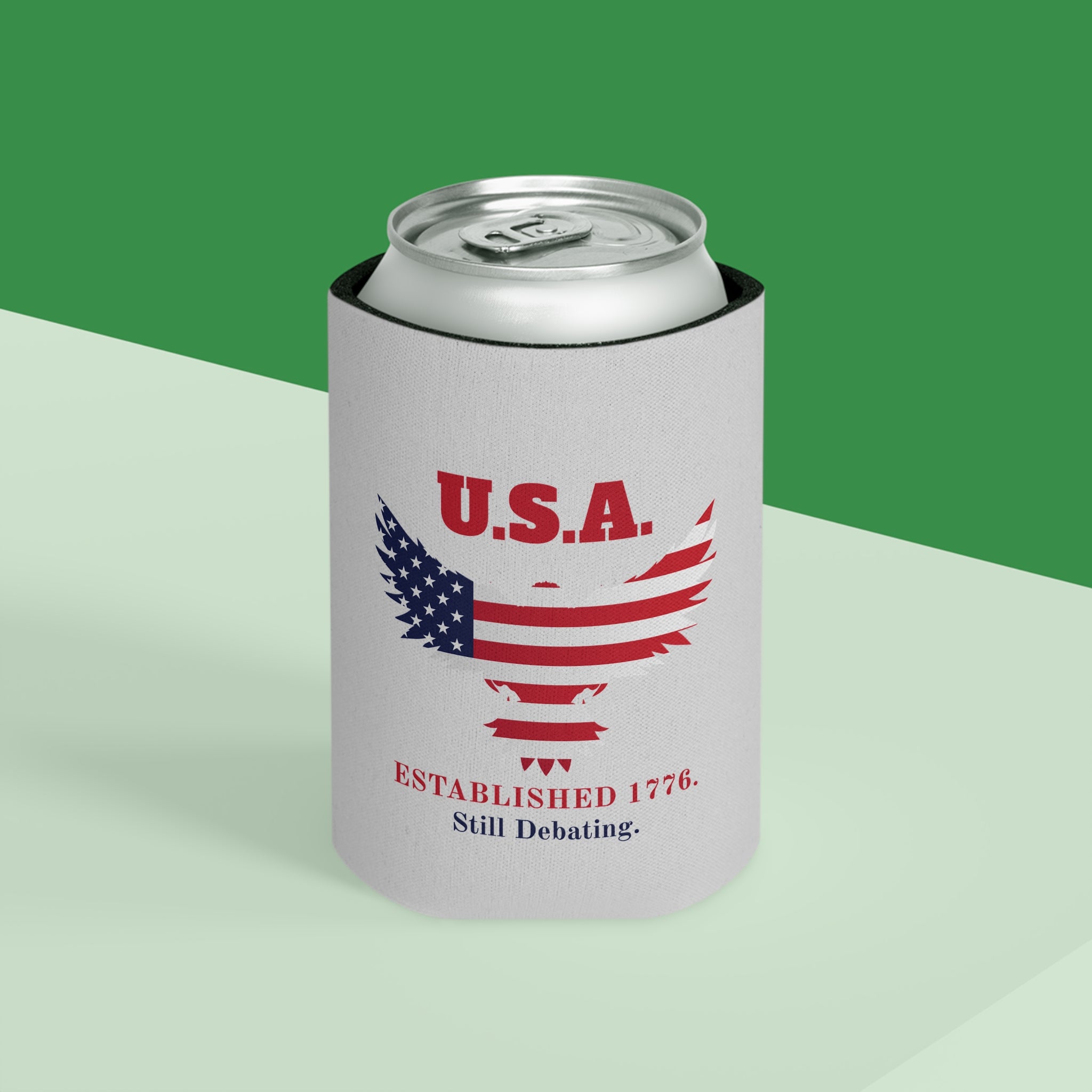 USA Established 1776 Still Debating Can Cooler Sleeve | Patriotic Funny Koozie