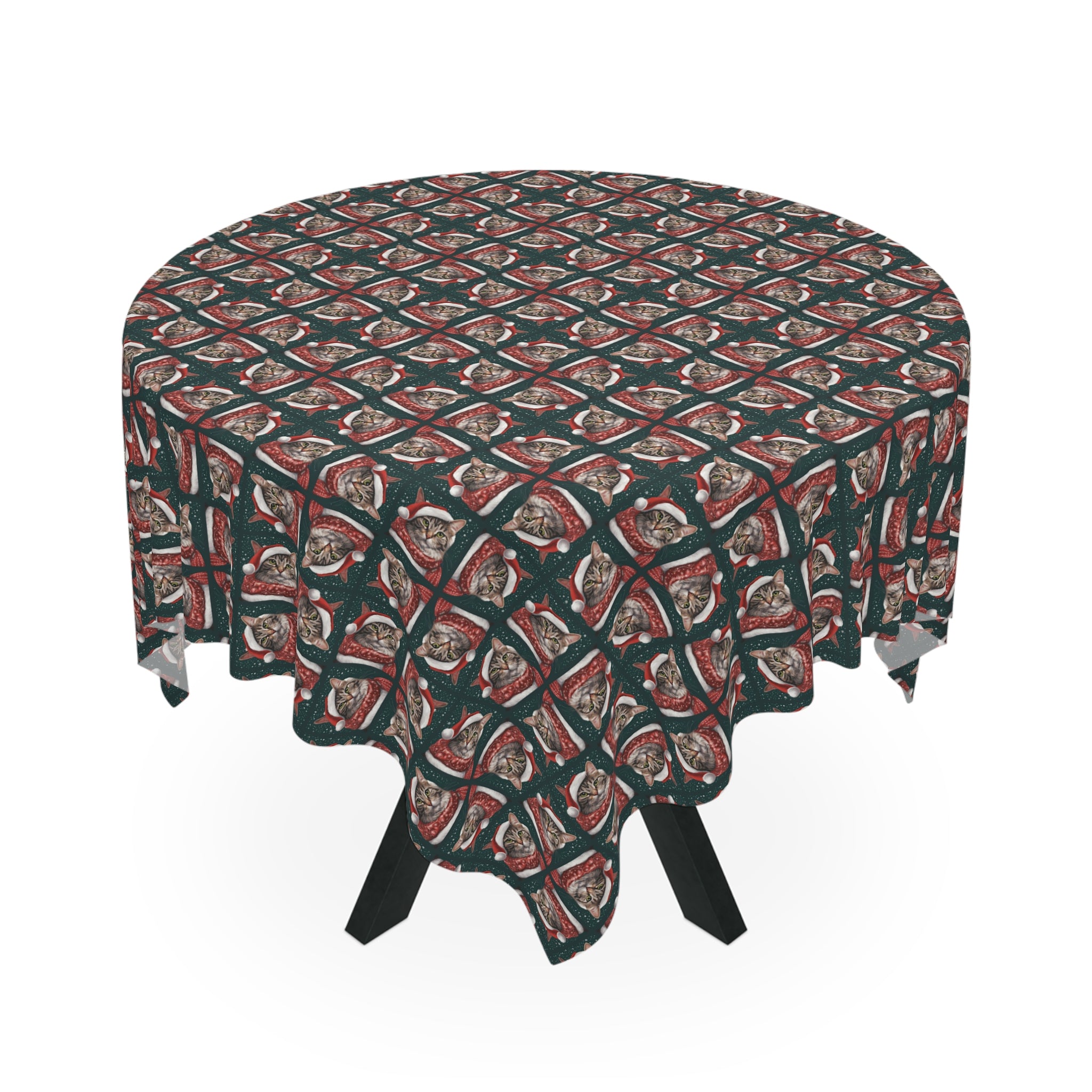 Photo depicting the ​Santa Hat Tabby Christmas Tablecloth from EpiAl's Shop.