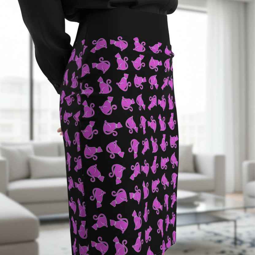 Pink Cat Pattern Pencil Skirt – Bold Black & Pink Fitted Skirt