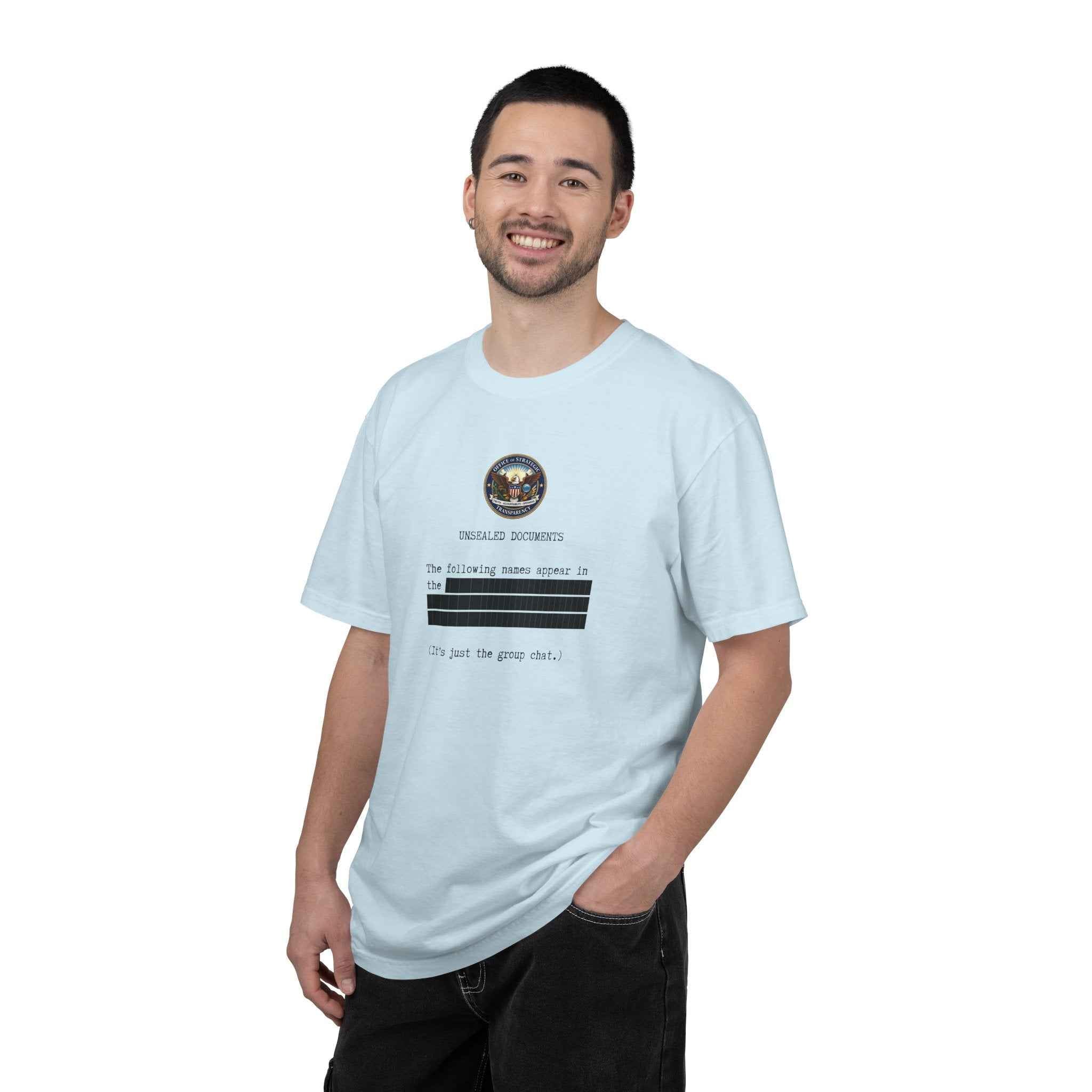 Unsealed Documents Unisex T-Shirt – Redacted Group Chat Political Satire Tee