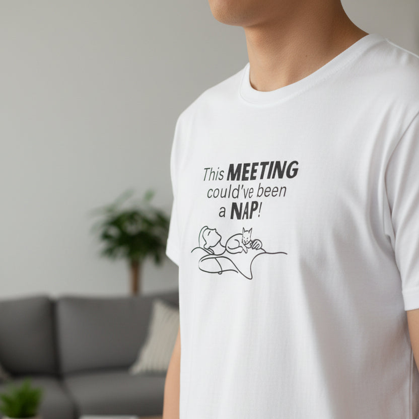 This Meeting Could’ve Been a Nap Cat T-Shirt – Minimalist Line Art Graphic Tee (Unisex)