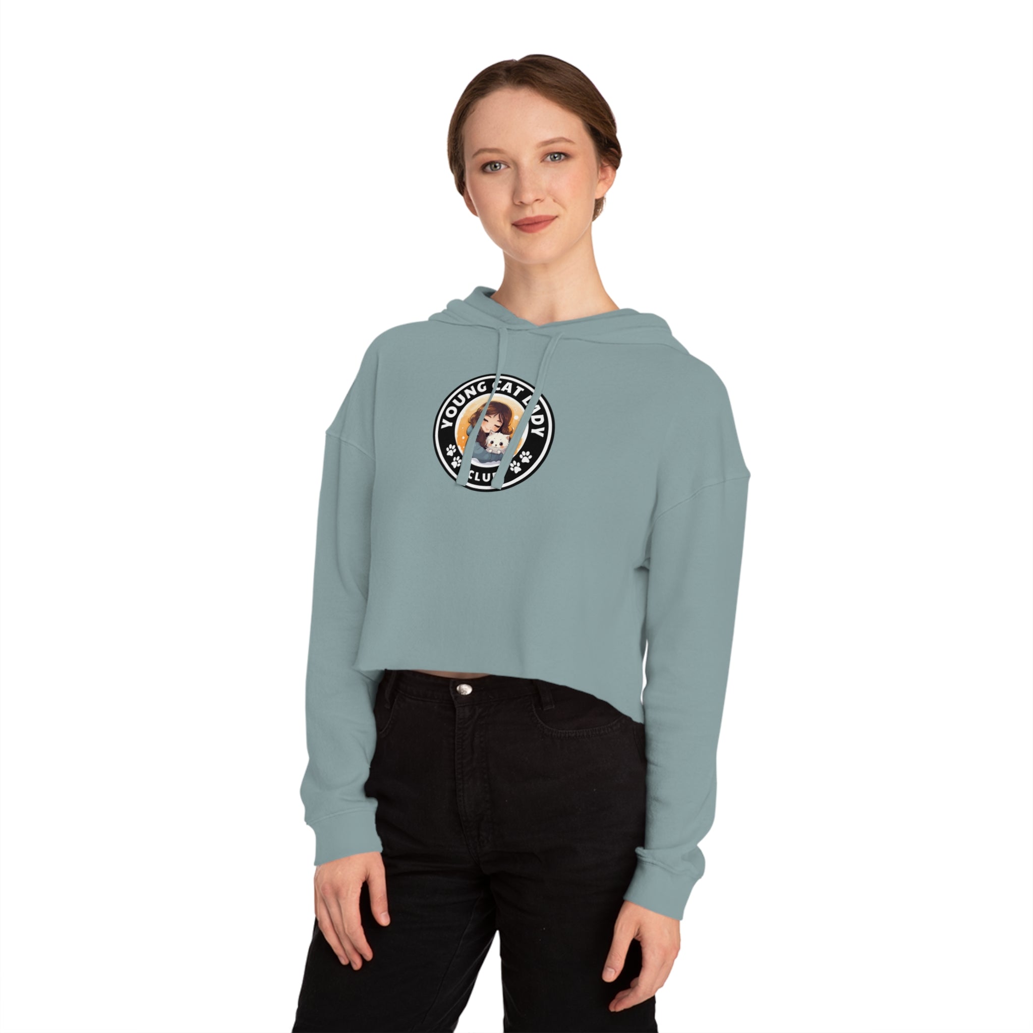 Photo depicting the ​Young Cat Lady Club Women’s Cropped Hooded Sweatshirt from EpiAl's Shop.