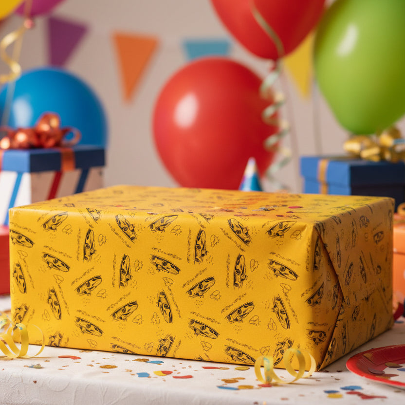 Zoomies Road Trip Cat Wrapping Paper – Golden Sketch Gift Wrap with Racing Cat Design
