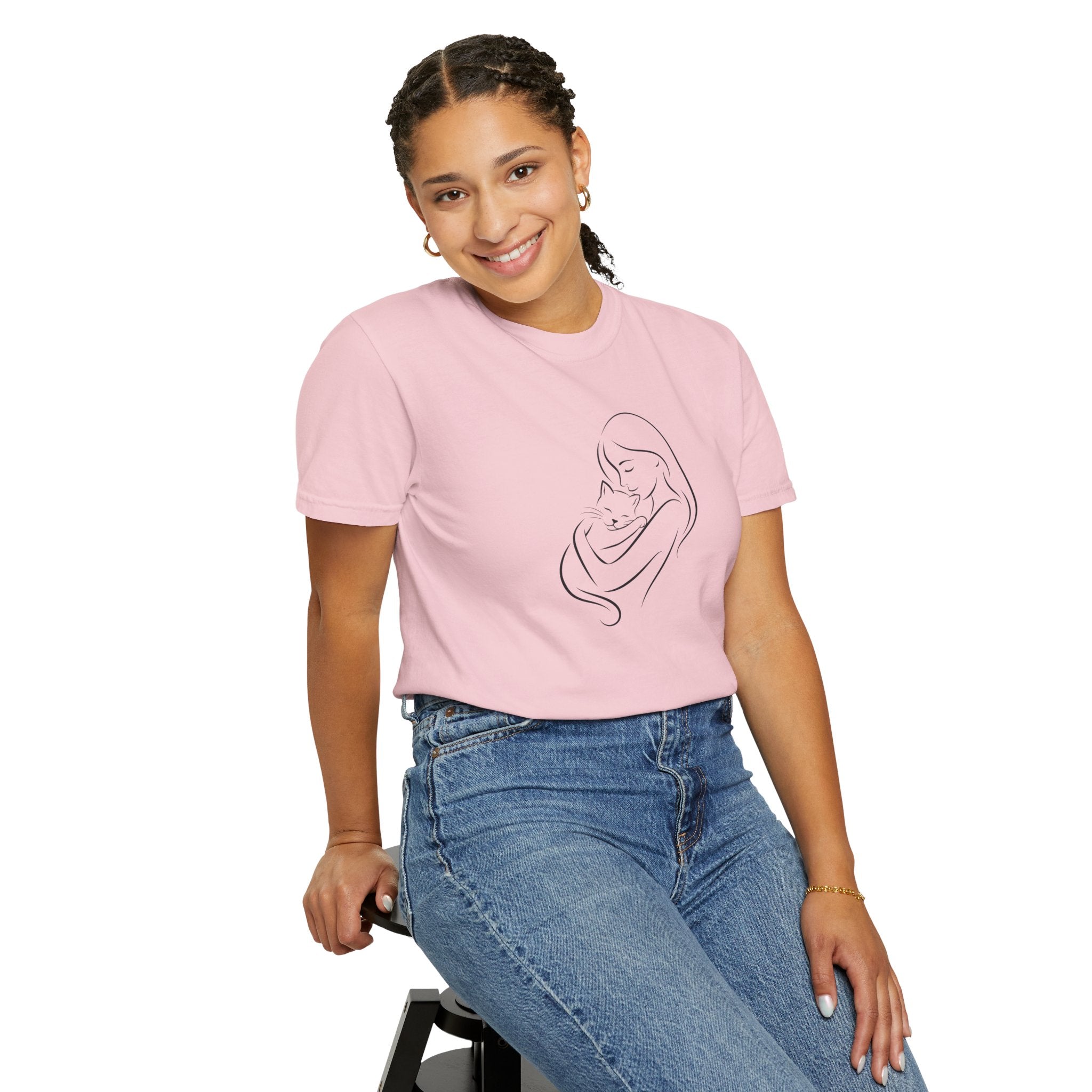 Mother & Cat Embrace T-Shirt | Minimal Line Art Cat Mom Shirt