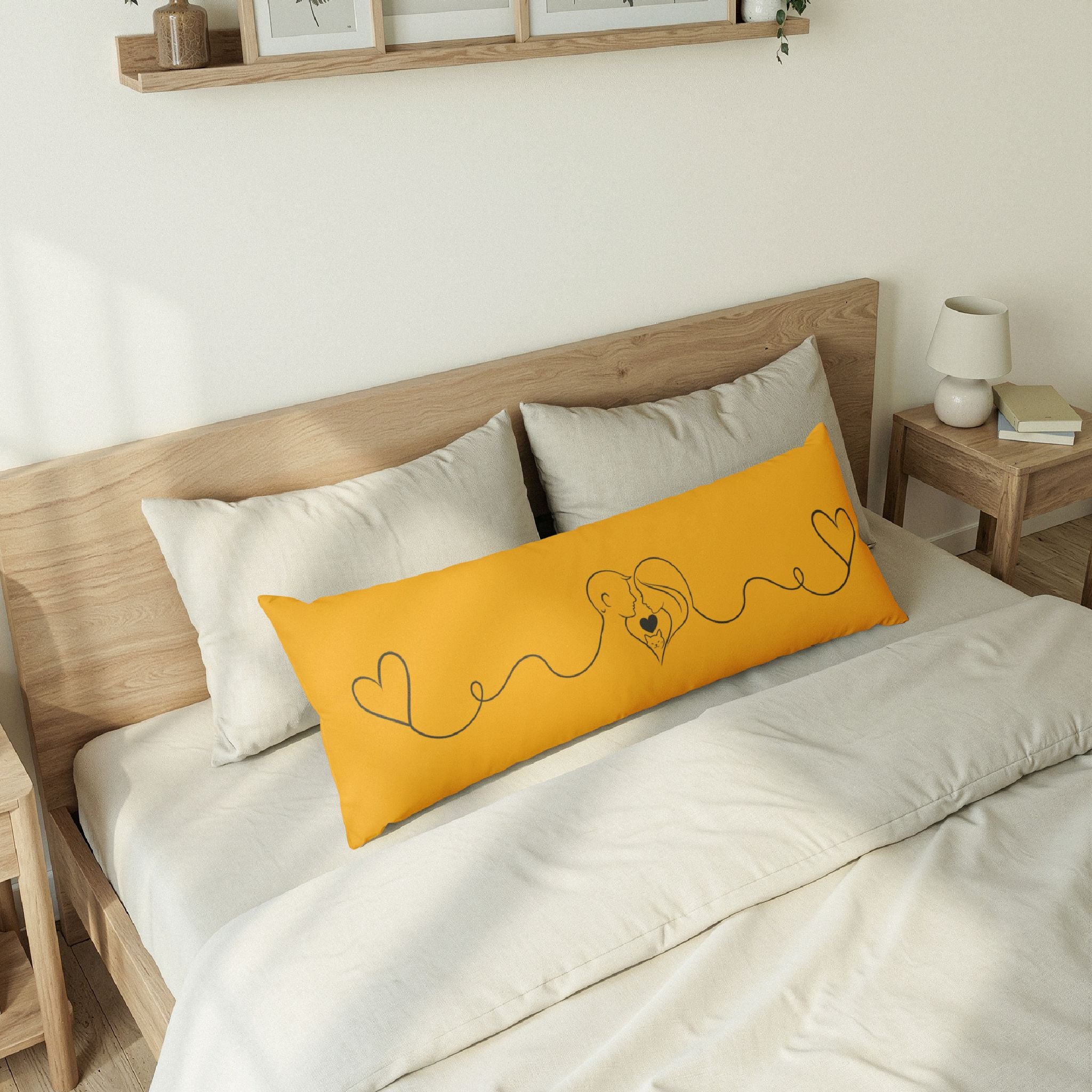 Connected Hearts Body Pillow – Minimal Line Art Couple & Cat Design, 20” × 54” Long Pillow