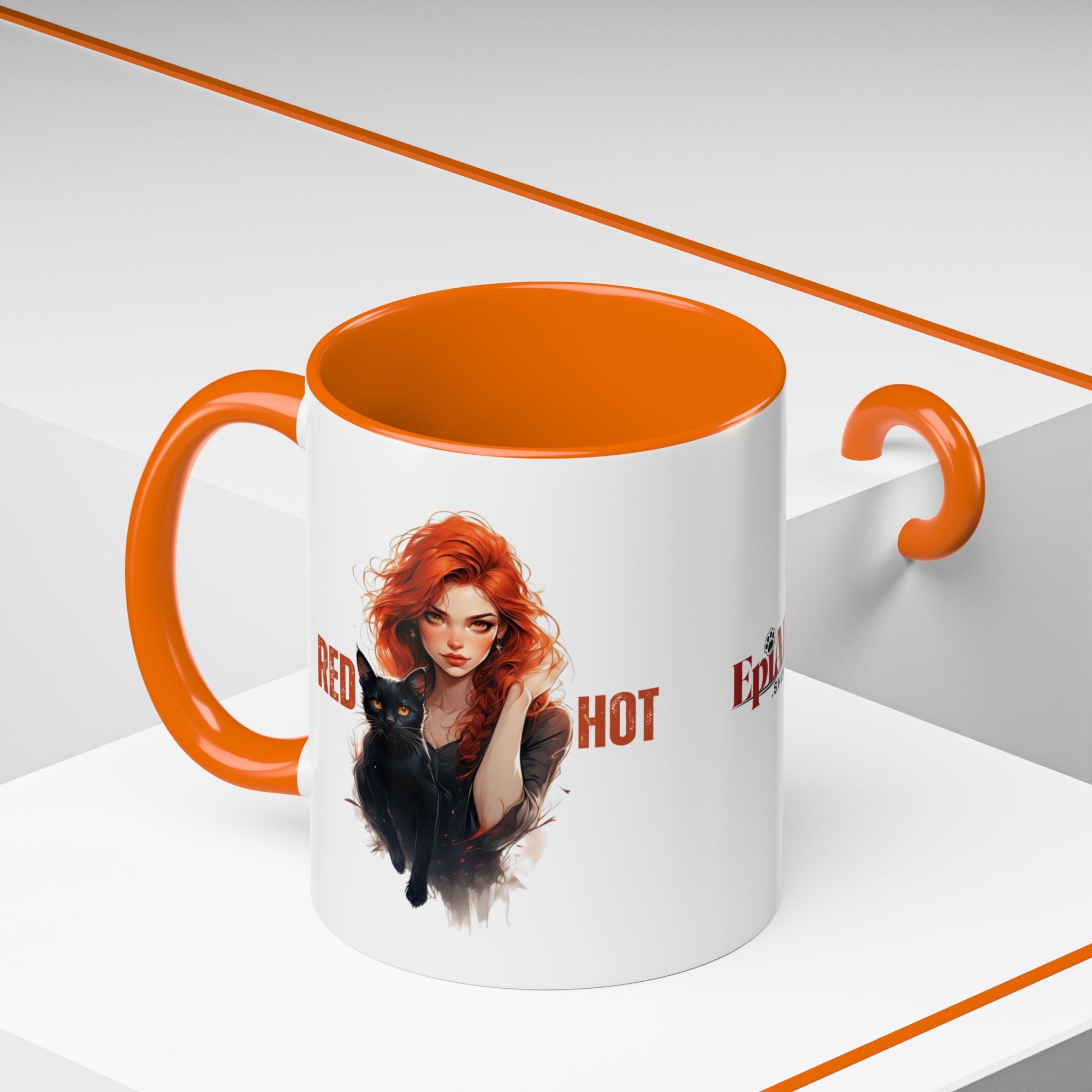 Red Hot Coffee Mug with Artistic Cat-Themed Design