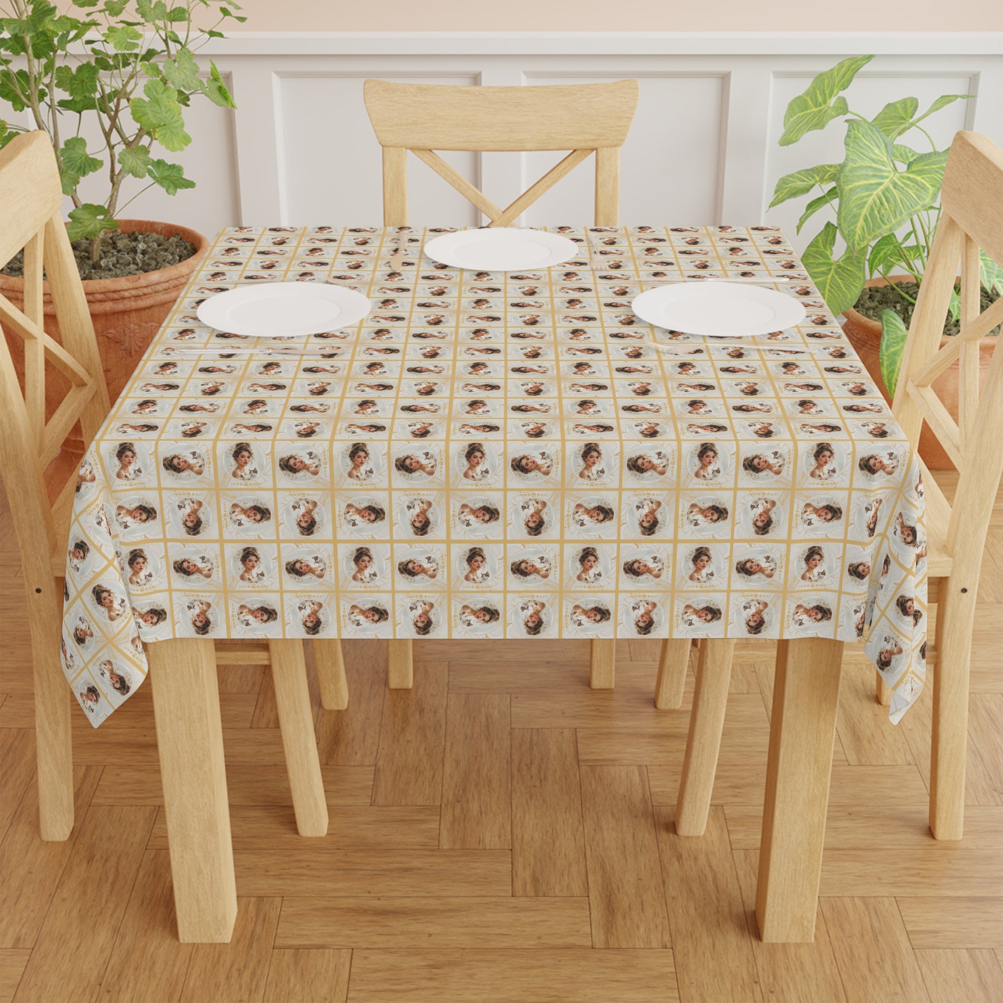 Charming Golden Cat Lady Tablecloth