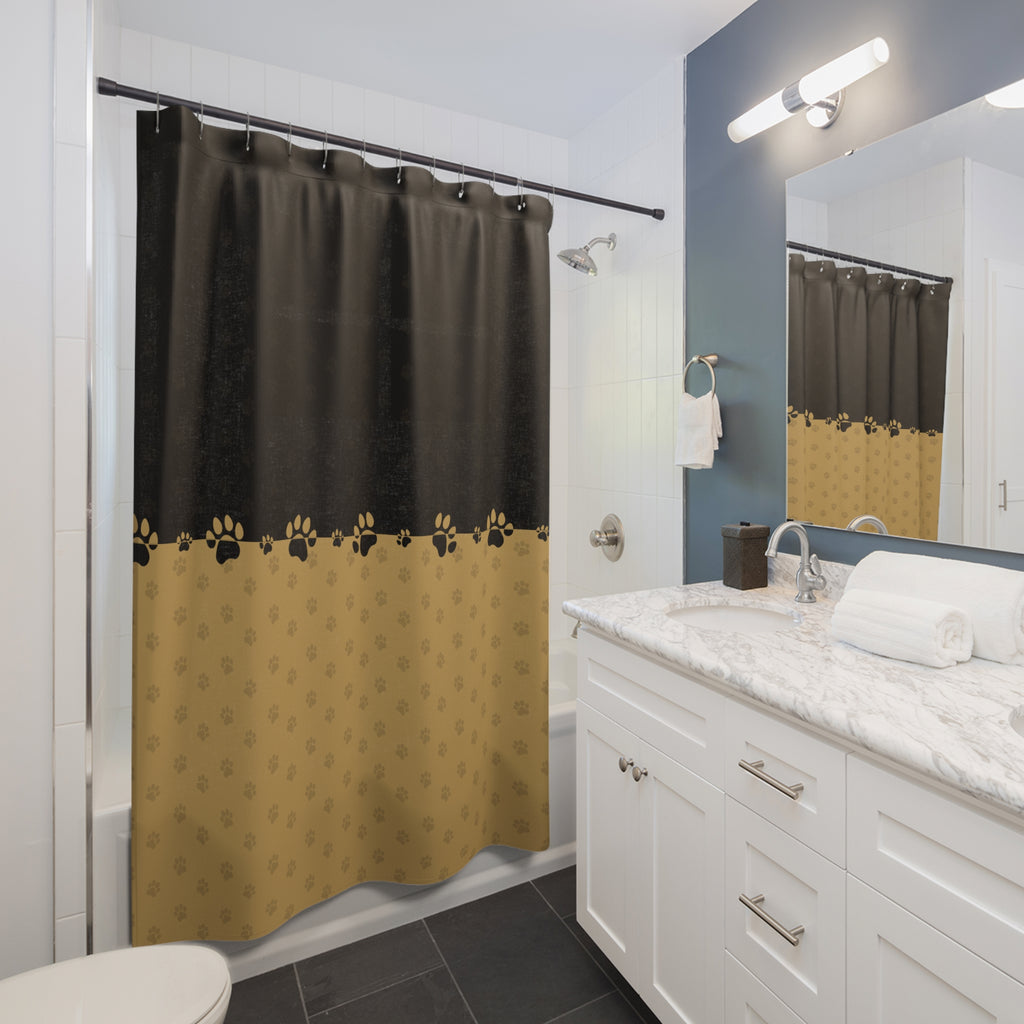 Black & Gold Paw Print Shower Curtain — Elegant Cat-Themed Bathroom Decor