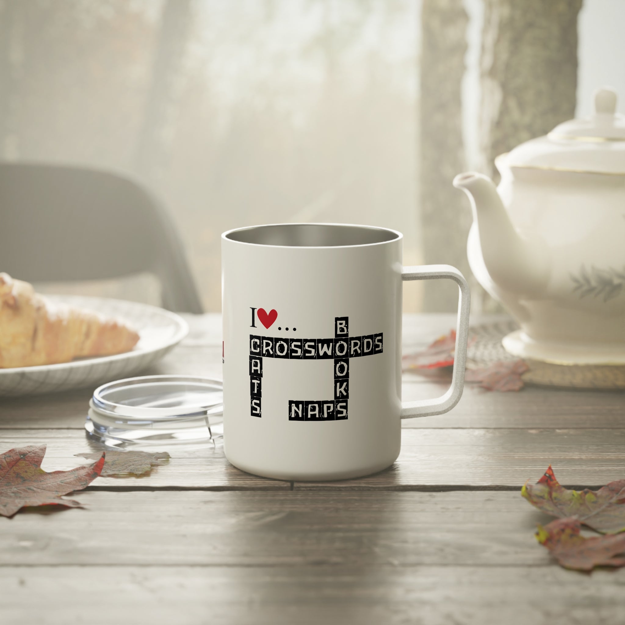 Photo depicting the ​Crosswords and Cats Insulated Coffee Mug, 10oz from EpiAl's Shop.