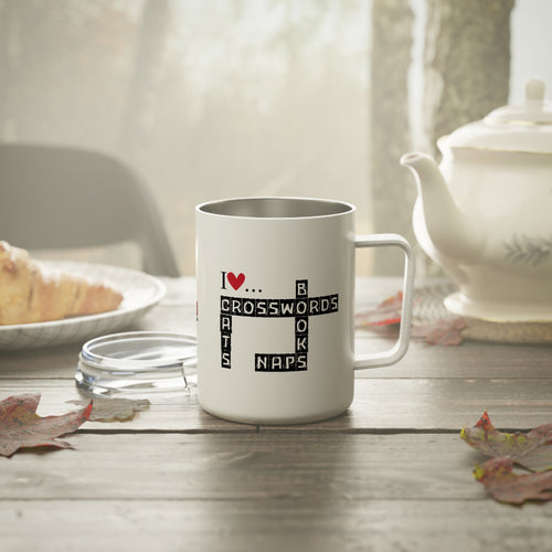 Photo depicting the ​Crosswords and Cats Insulated Coffee Mug, 10oz from EpiAl's Shop.