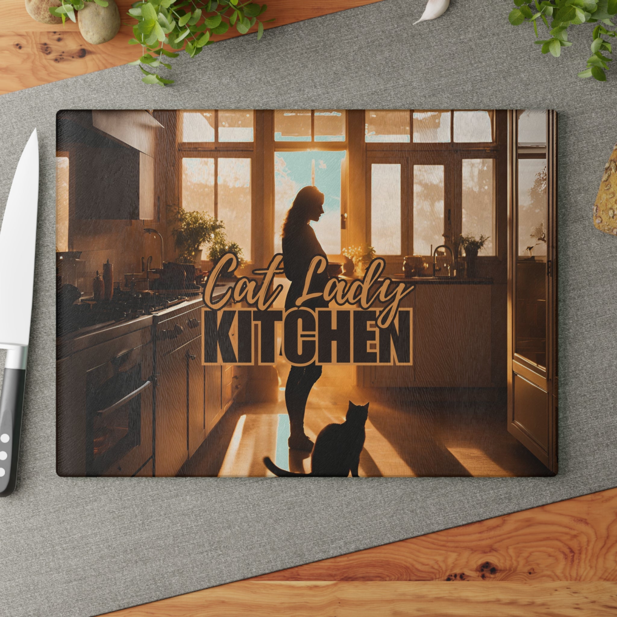Photo depicting the ​Sunset Cat Lady Kitchen Glass Cutting Board from EpiAl's Shop.