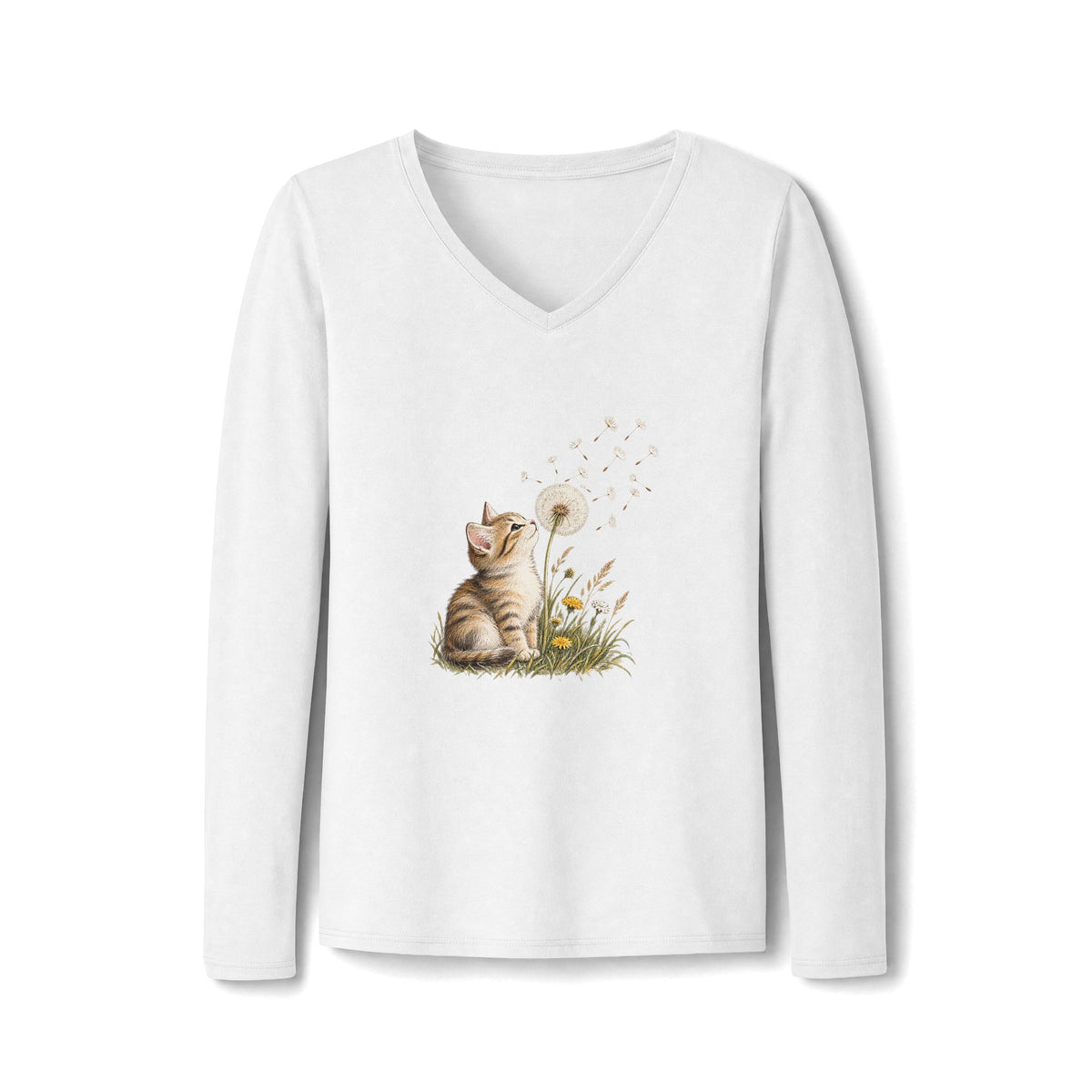 Kitten & Dandelion Women's Long Sleeve V-Neck Shirt | Floral Cat Lover Tee