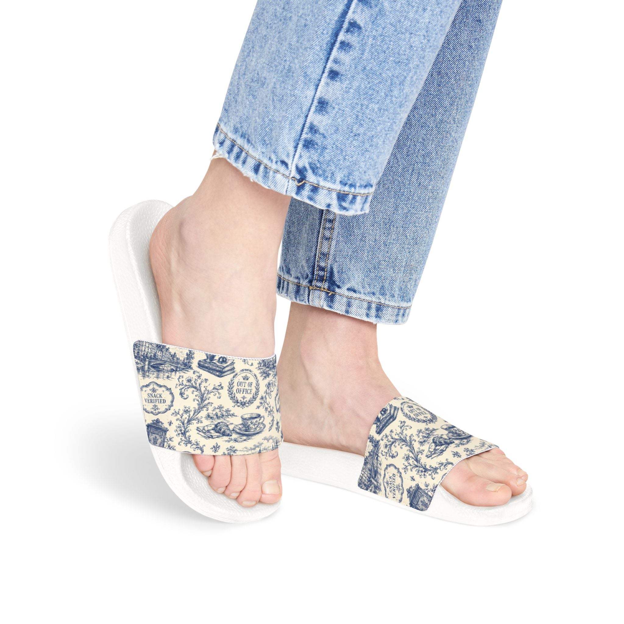 Out of Office Blue Toile Slide Sandals (Removable Strap)