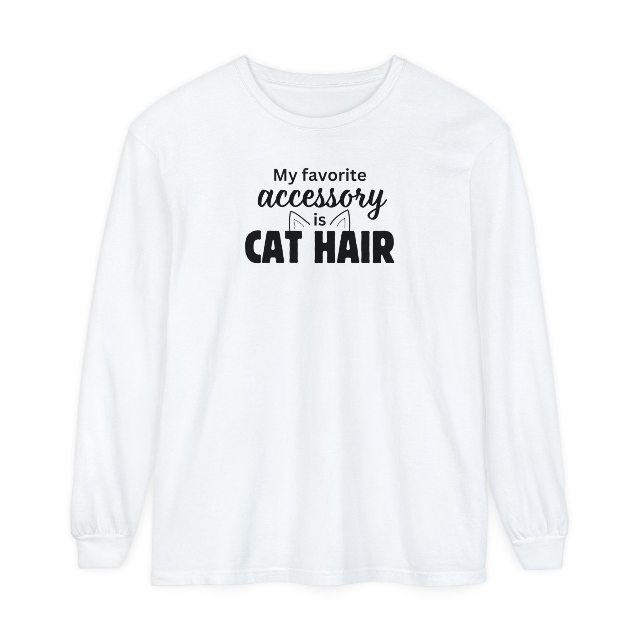 Photo depicting the ​Cat Hair Accessorized Unisex Garment-dyed Long Sleeve T-Shirt from EpiAl's Shop.