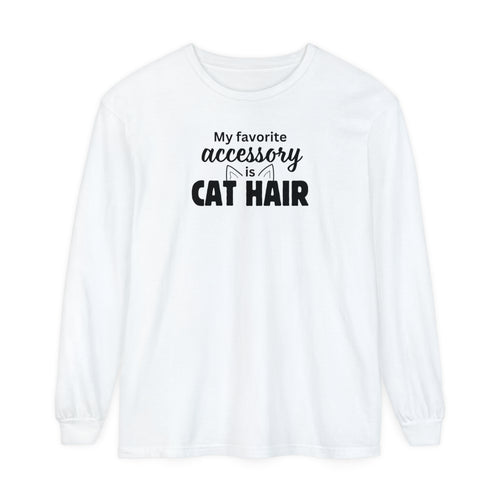 Photo depicting the ​Cat Hair Accessorized Unisex Garment-dyed Long Sleeve T-Shirt from EpiAl's Shop.