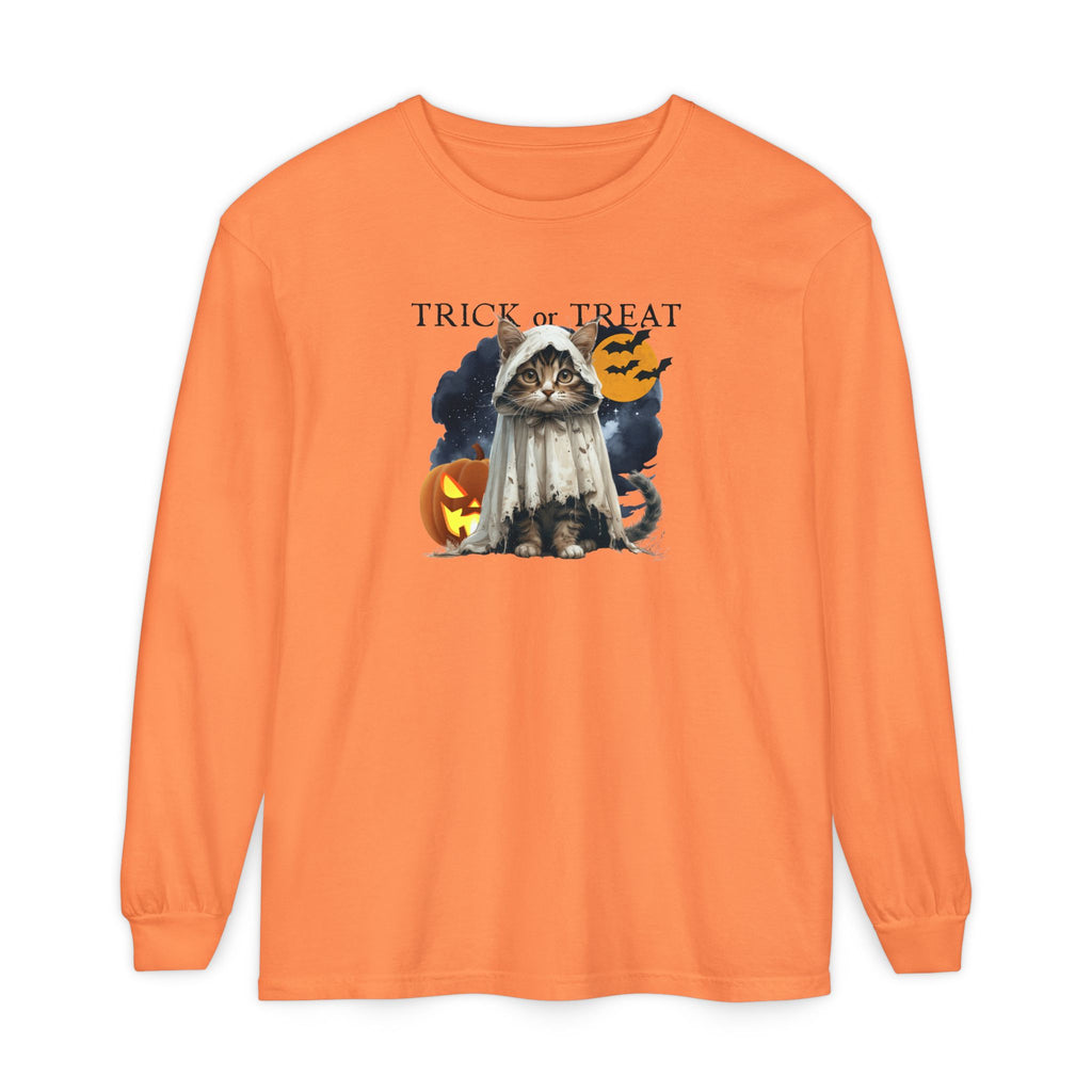 Halloween Cat Long Sleeve Tee, Unisex Spooky Shirt