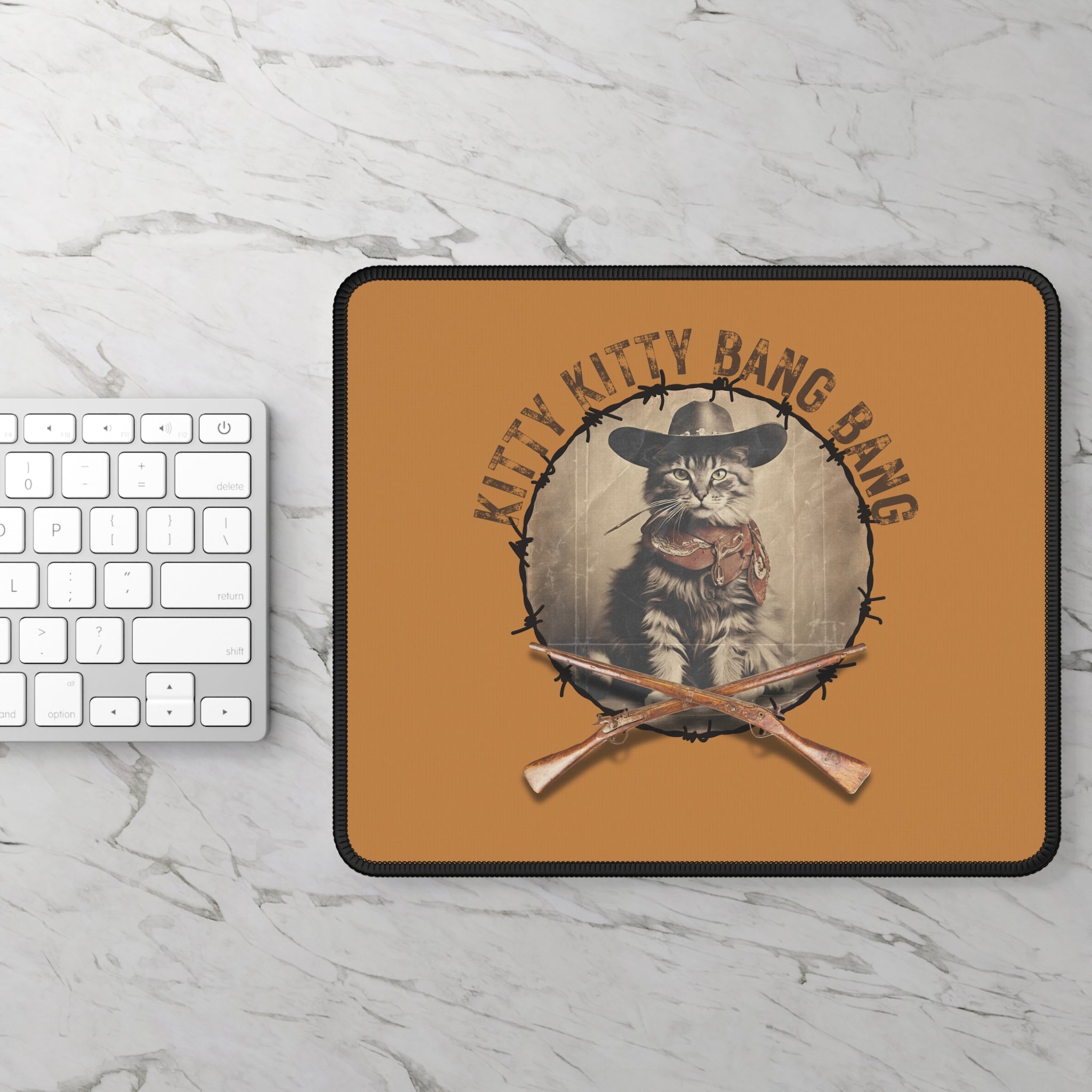 Photo depicting the ​Kitty Kitty Bang Bang Design Gaming Mouse Pad from EpiAl's Shop.