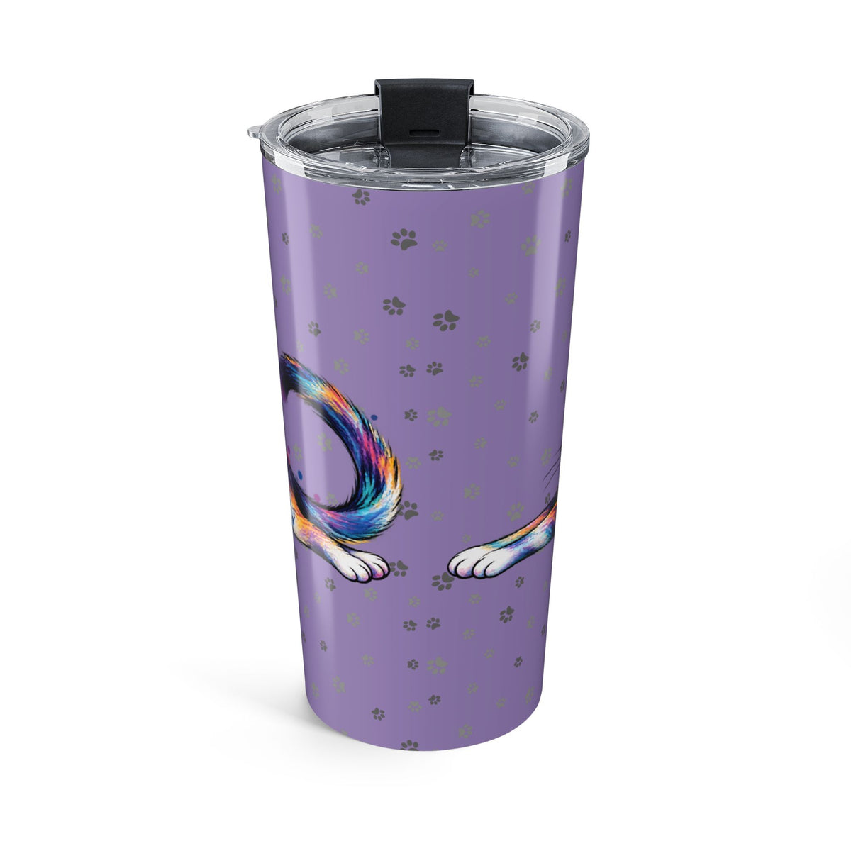 Colorful Stretching Cat 20 oz Insulated Tumbler | Purple Paw Print Travel Cup