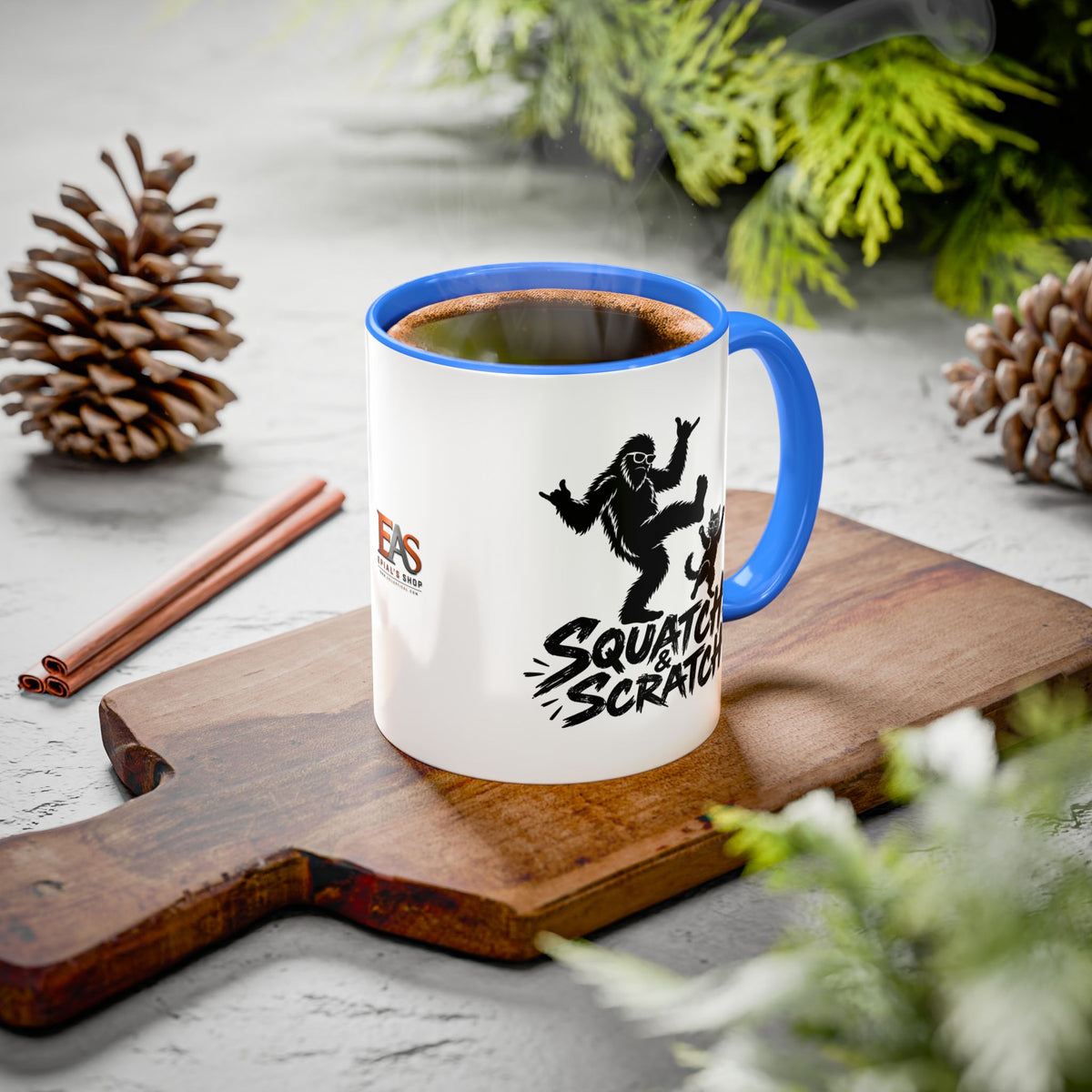 Squatch & Scratch Bigfoot and Cat Coffee Mug | Funny Sasquatch Ceramic Mug | 11oz & 15oz