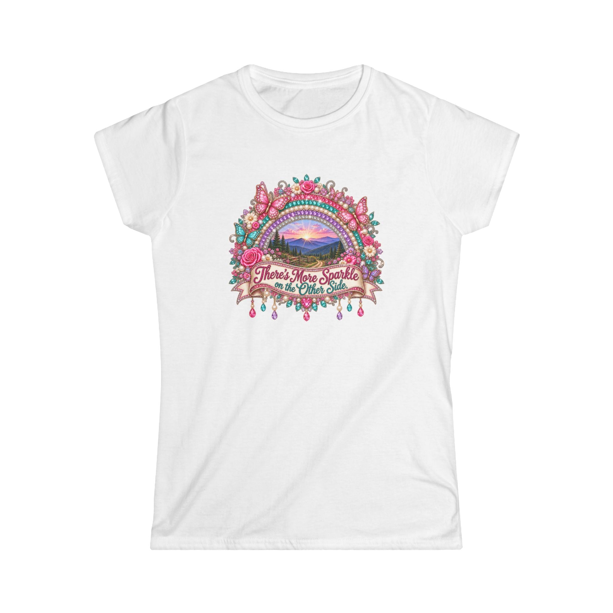 There’s More Sparkle on the Other Side Women’s T-Shirt | Rhinestone Rainbow Mountain Tee