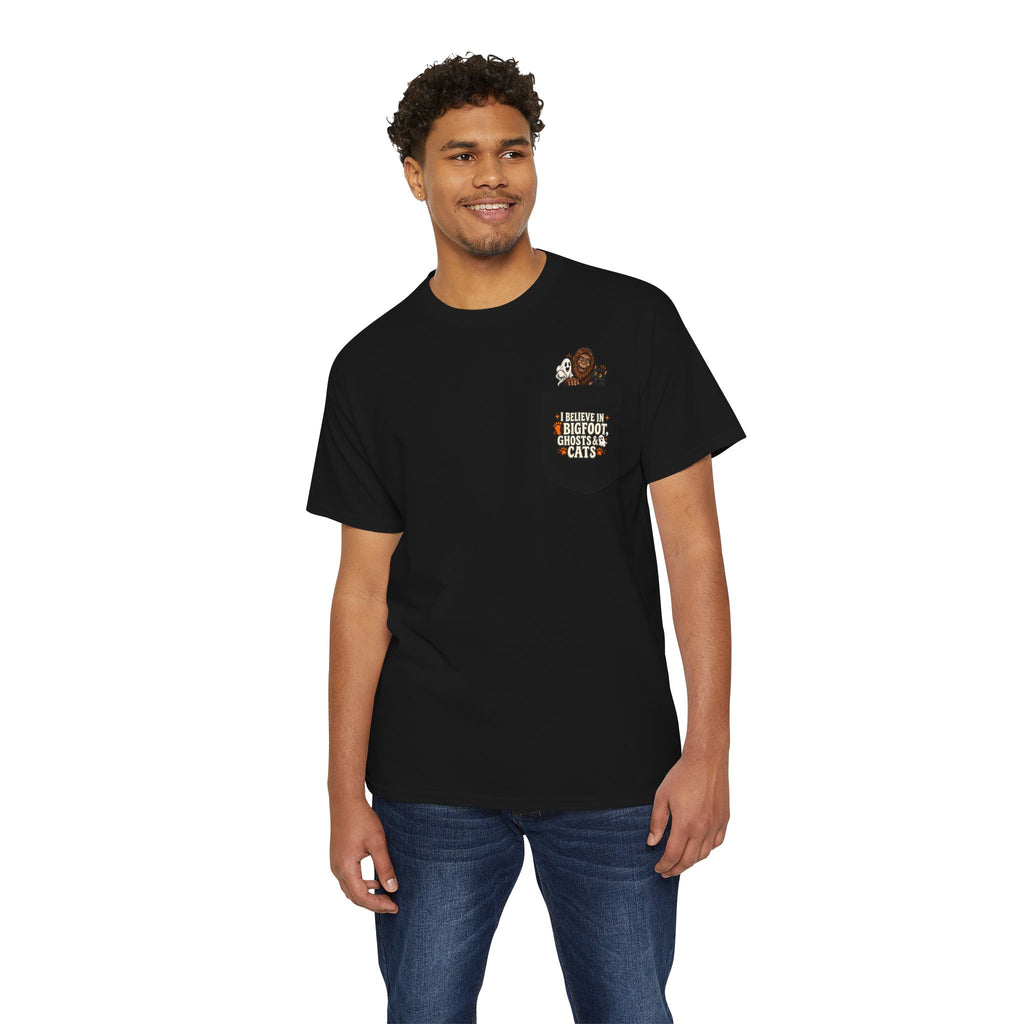 I Believe in Bigfoot, Ghosts & Cats Pocket T-Shirt