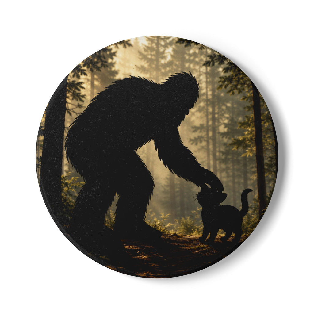 Bigfoot & Cat Ceramic Coaster — Forest Sasquatch Silhouette Drink Mat