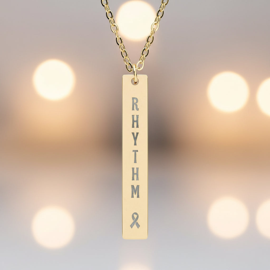 “RHYTHM” Vertical Bar Necklace — Epilepsy Awareness Engraved Pendant