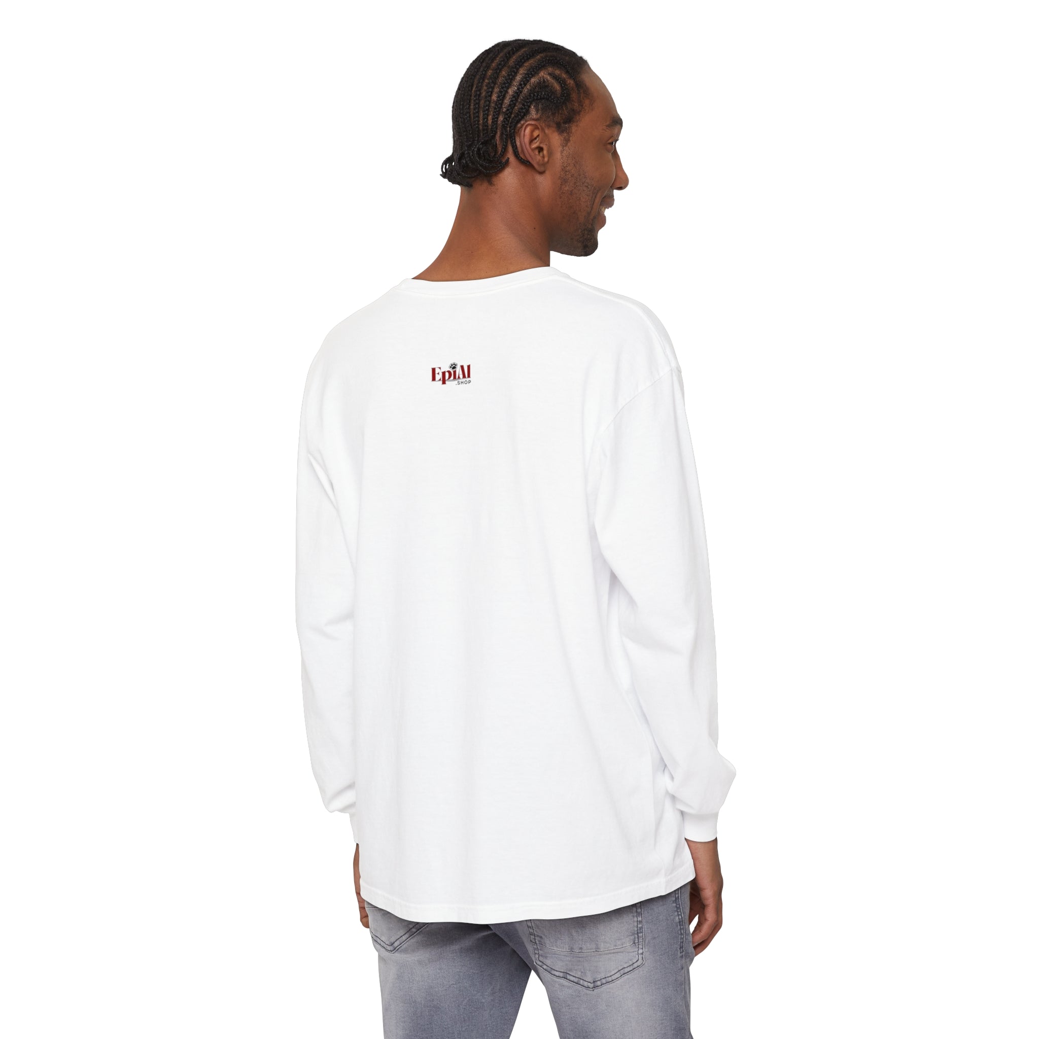 Photo depicting the ​Cat Hair Accessorized Unisex Garment-dyed Long Sleeve T-Shirt from EpiAl's Shop.