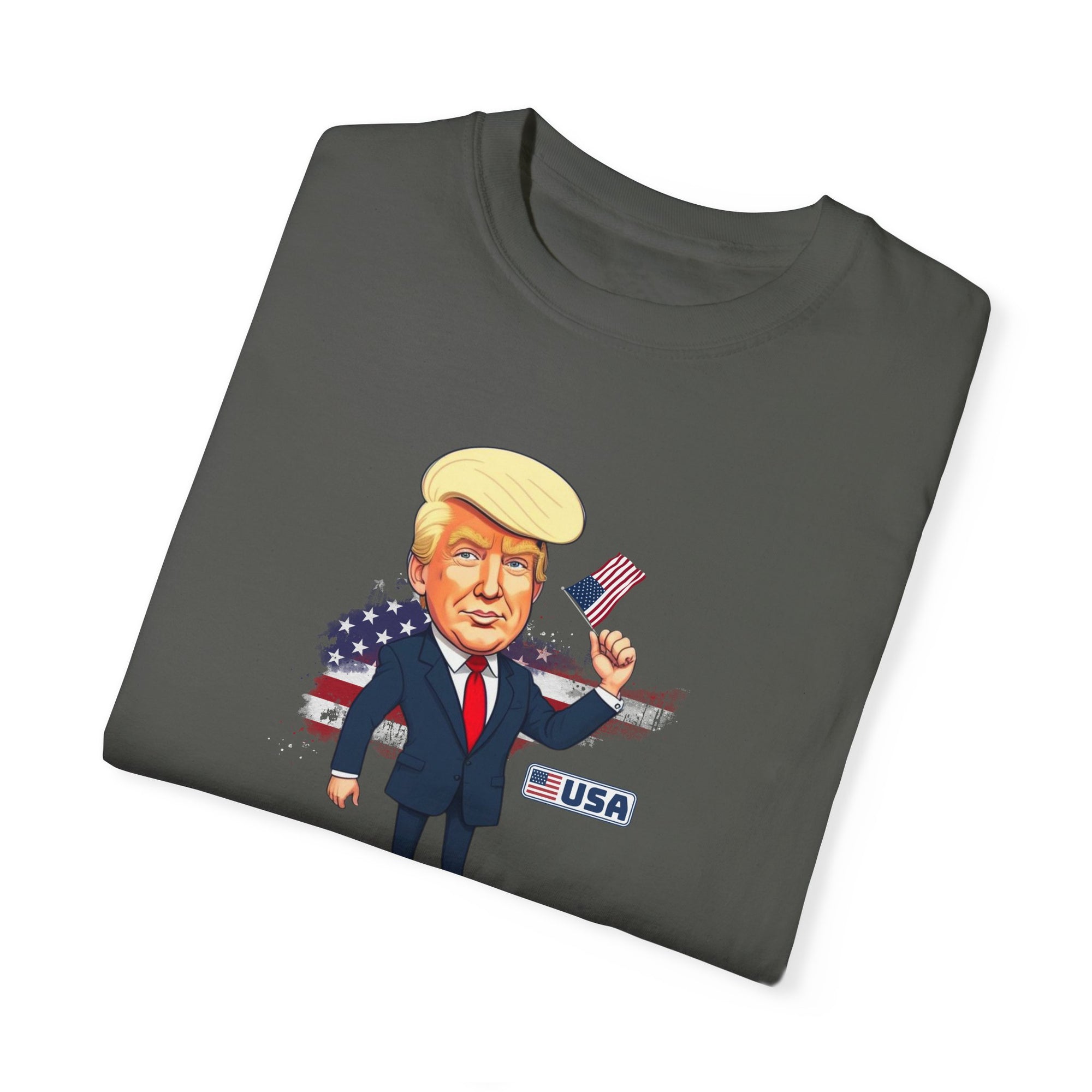 Patriotic Cartoon T-Shirt - Unisex Garment-Dyed Tee with Trump Design
