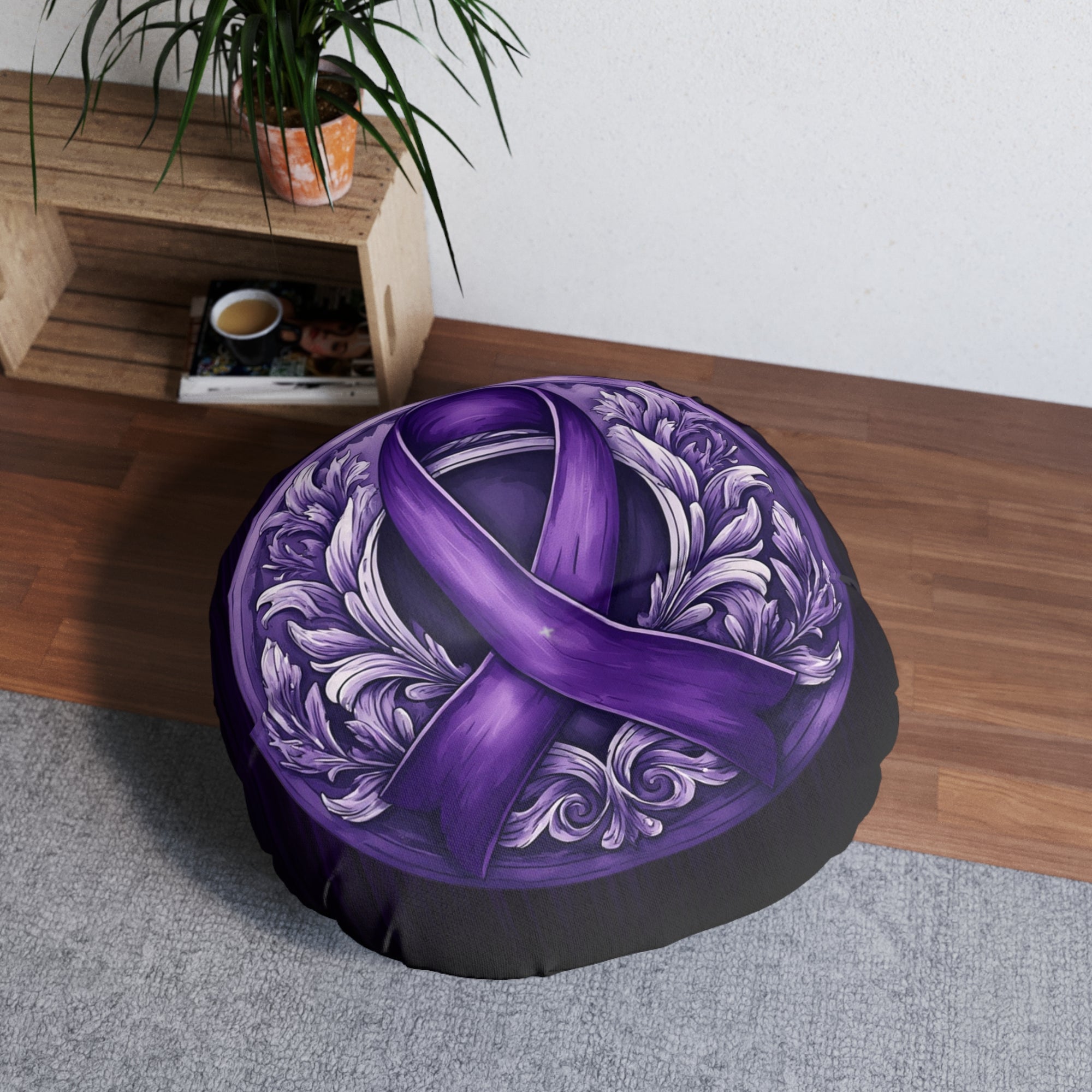 Elegant Purple Ribbon Tufted Floor Pillow, Round
