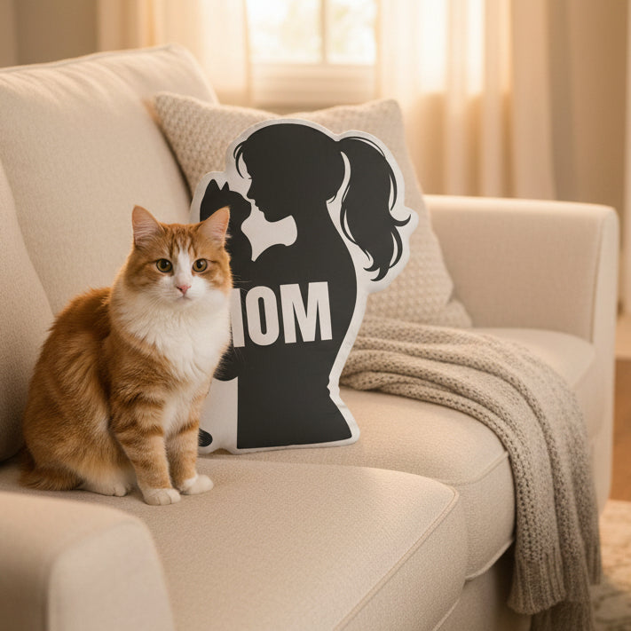 MOM – Cat & Mother Silhouette Mirror-Image Shaped Pillow