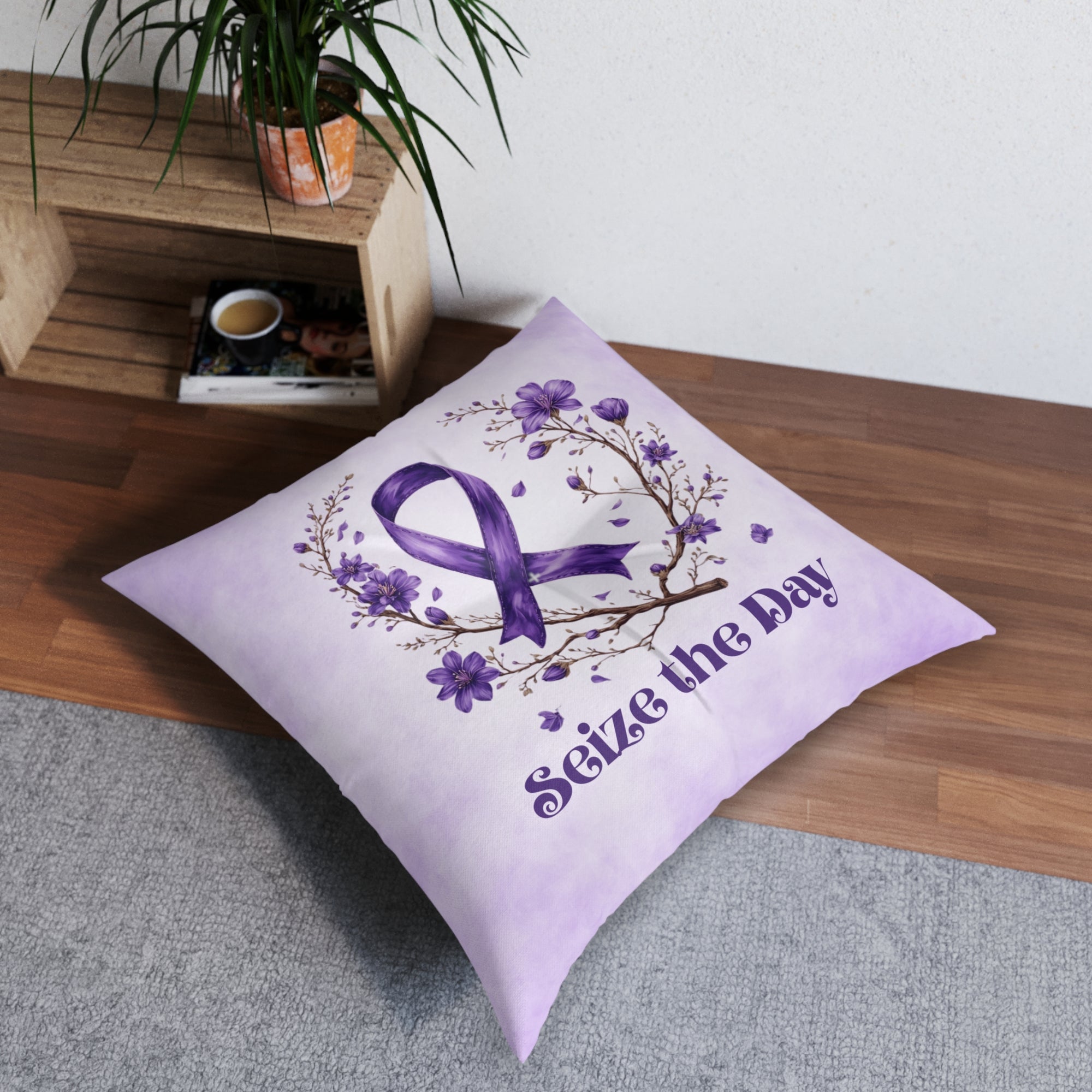 Purple Floral Tufted Floor Pillow - 'Seize the Day' - Home Decor