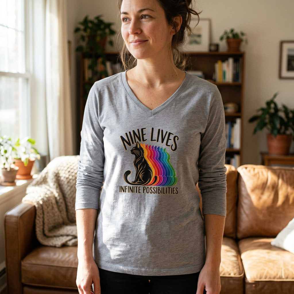 Nine Lives, Infinite Possibilities Women's Long Sleeve V-Neck T-Shirt | Colorful Cat Art