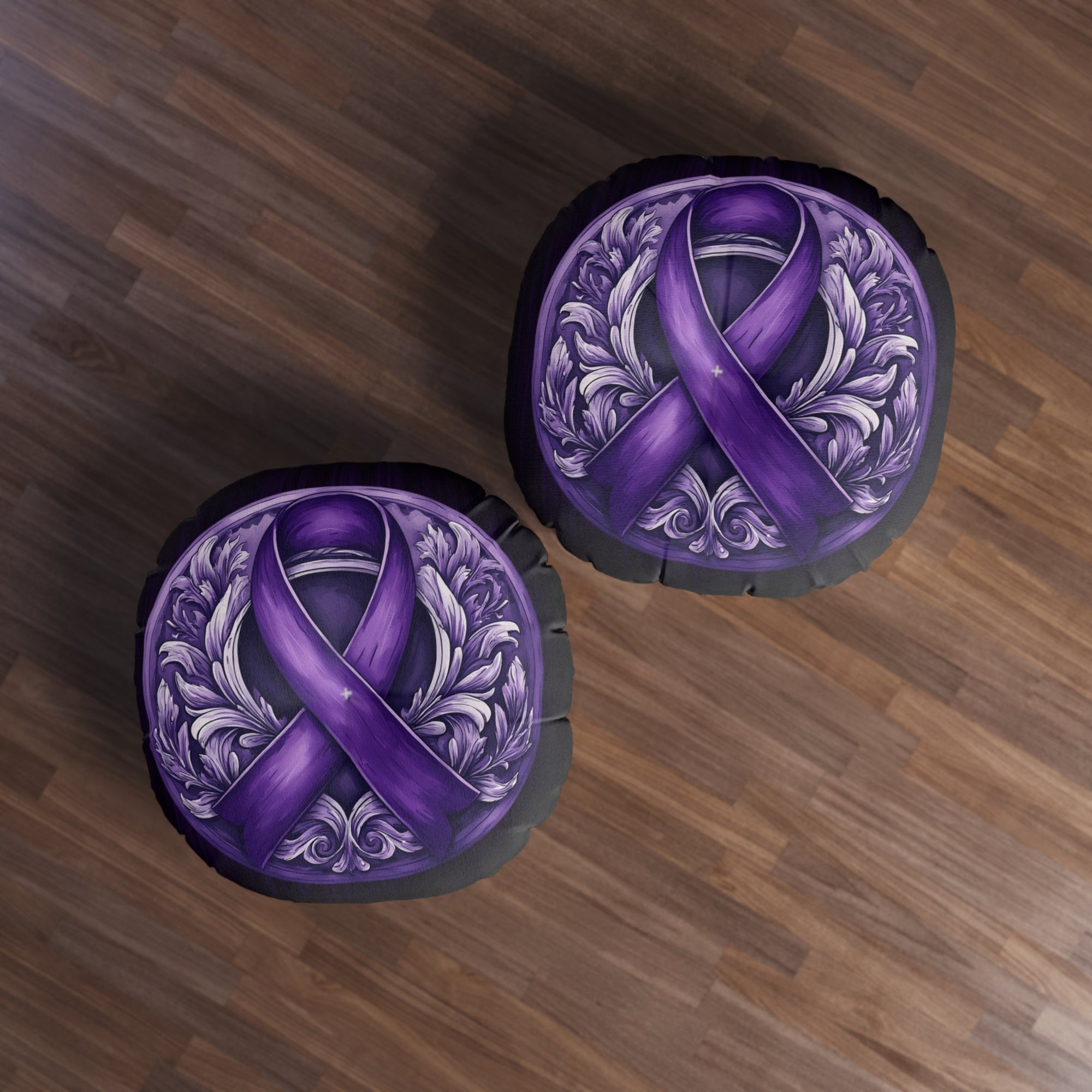 Elegant Purple Ribbon Tufted Floor Pillow, Round