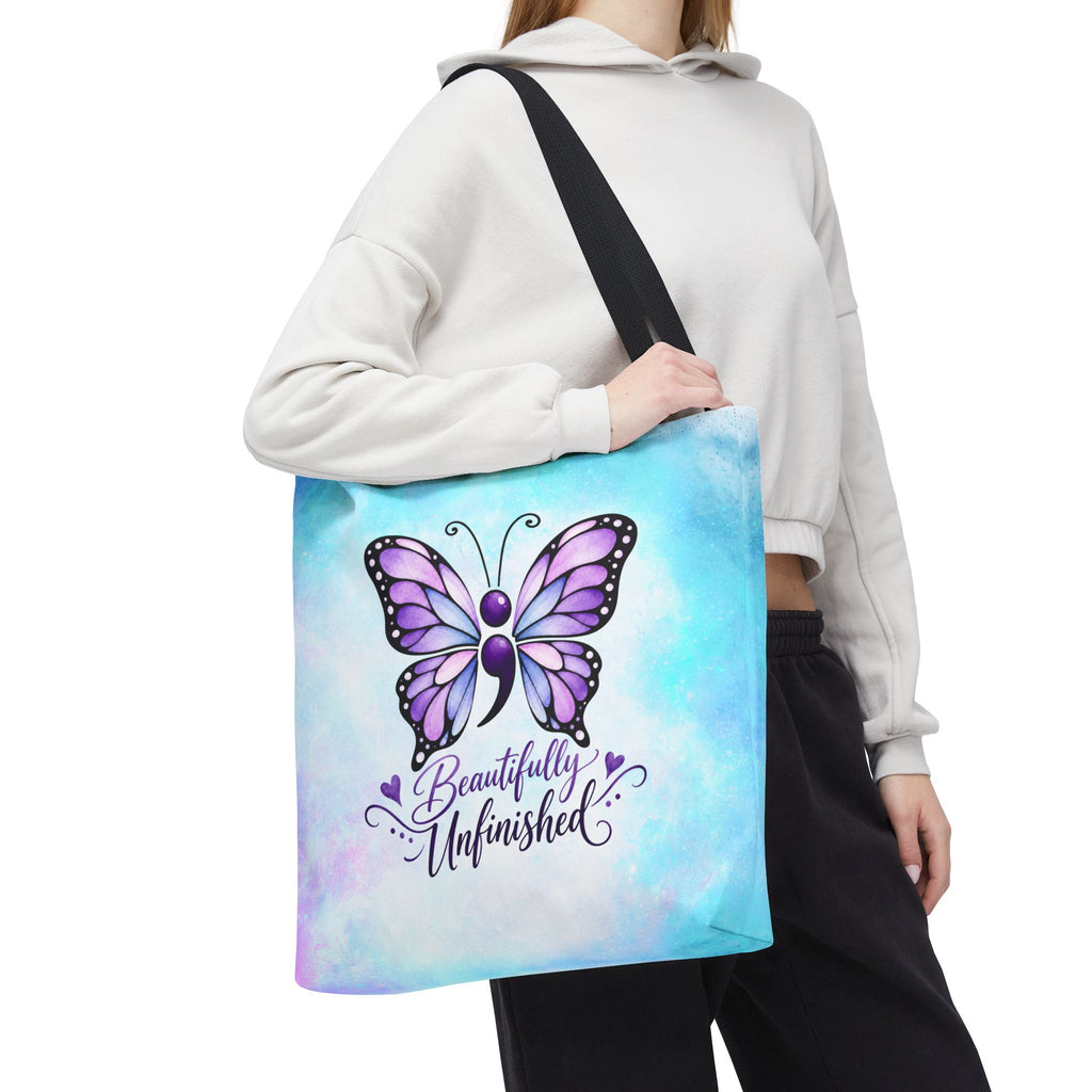 Beautifully Unfinished Semicolon Butterfly Suicide Awareness Tote Bag