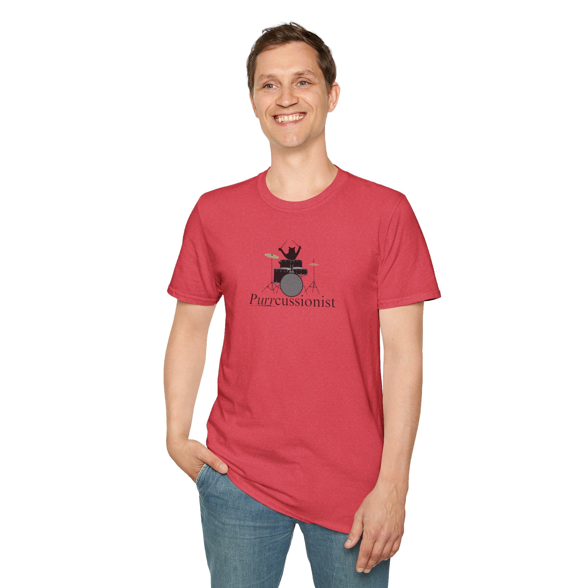 Photo depicting the ​Purrcussionist Unisex Softstyle T-Shirt from EpiAl's Shop.