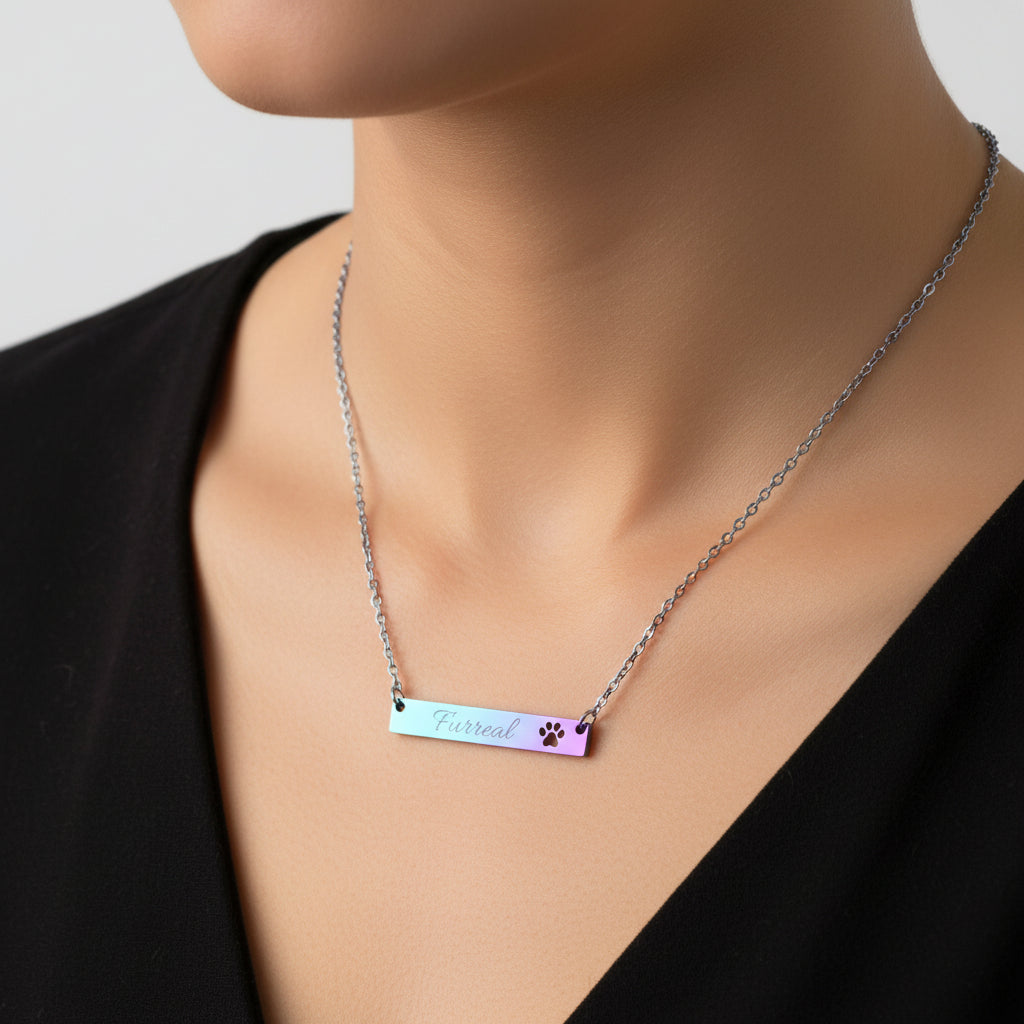 Furreal Engraved Bar Necklace with Paw Detail