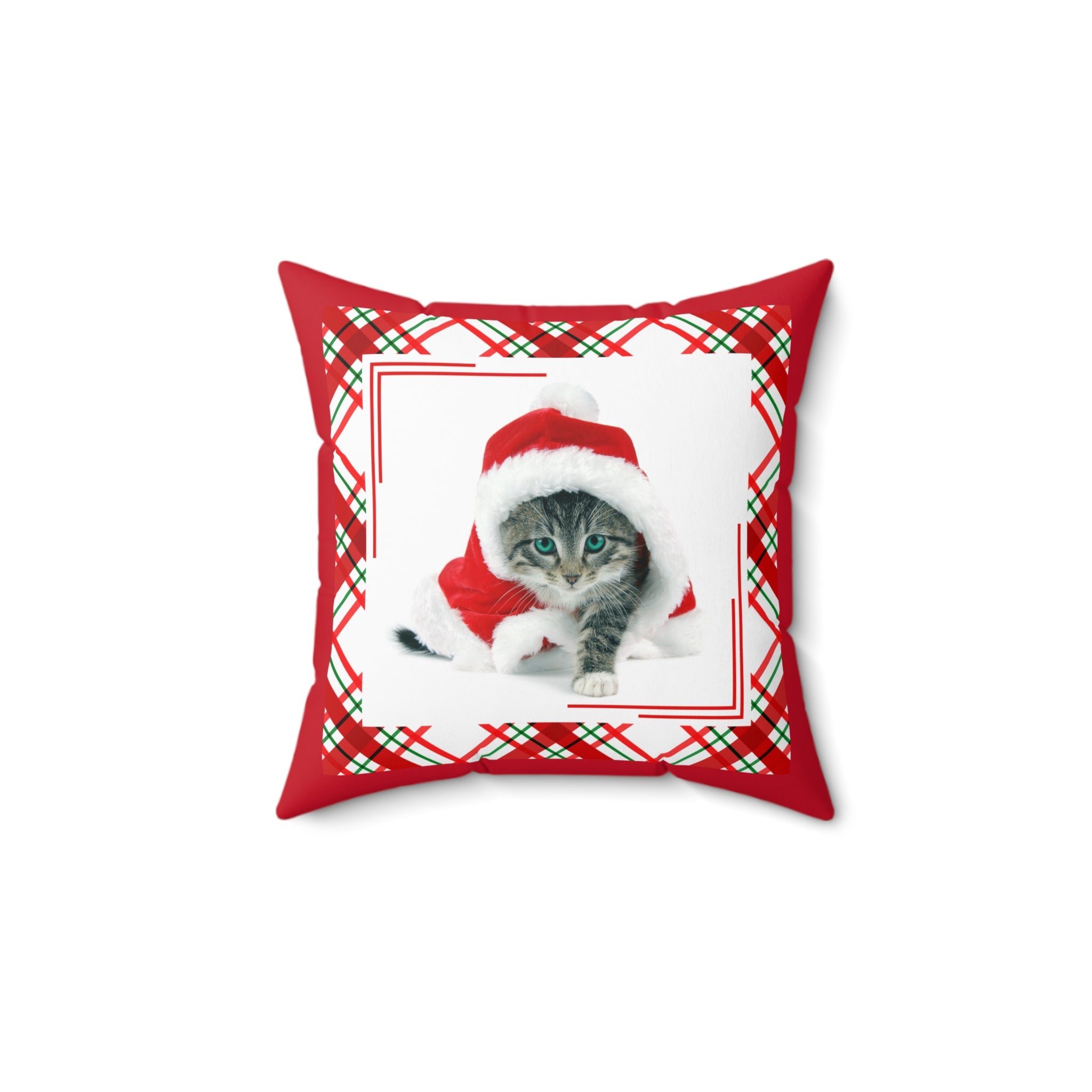Photo depicting the ​Santa Kitty Faux Suede Square Pillow from EpiAl's Shop.
