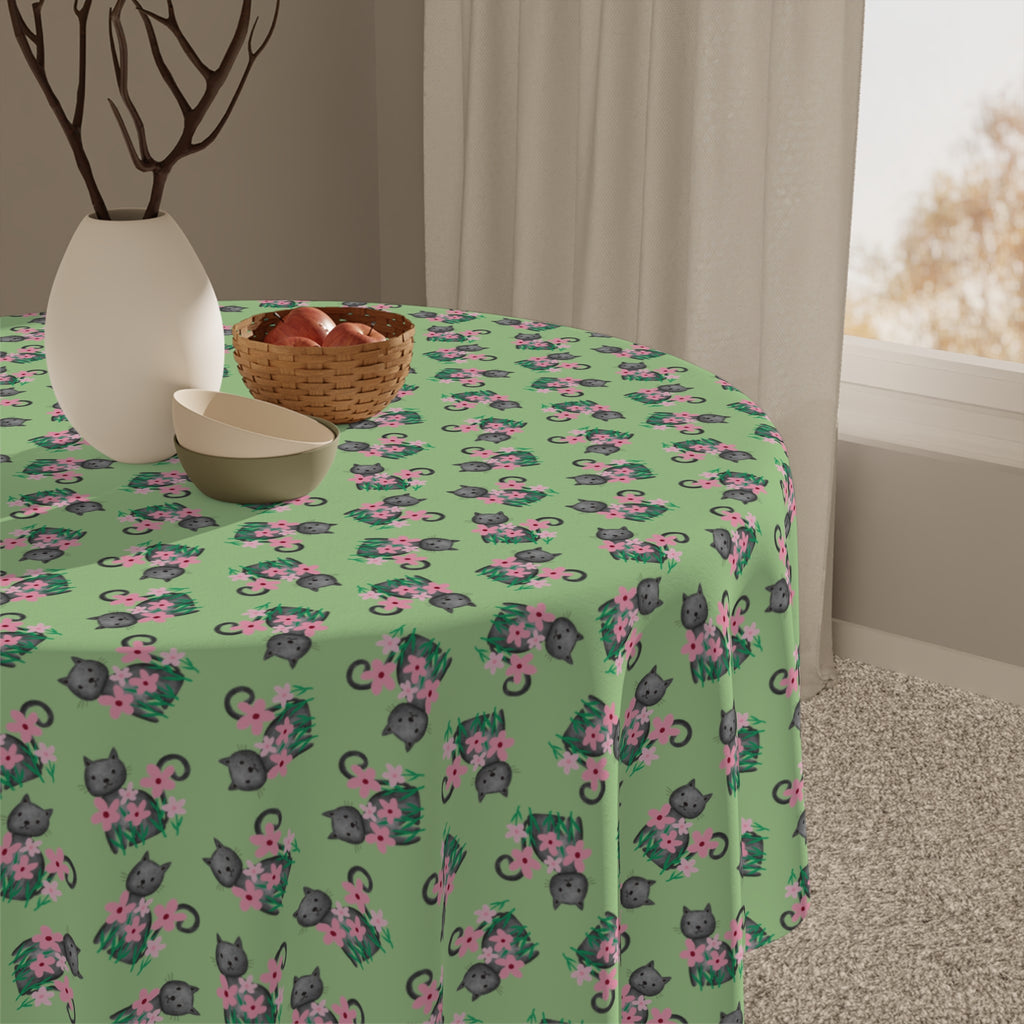 Whisker Bloom Tablecloth – Cat & Floral Pattern Mint Green Square Table Cover