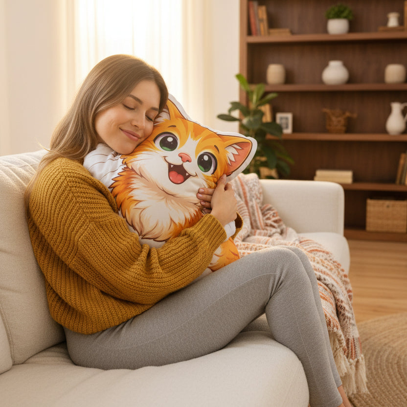 Smiling Orange Cat Shaped Pillow – Whiskered Cat Cushion