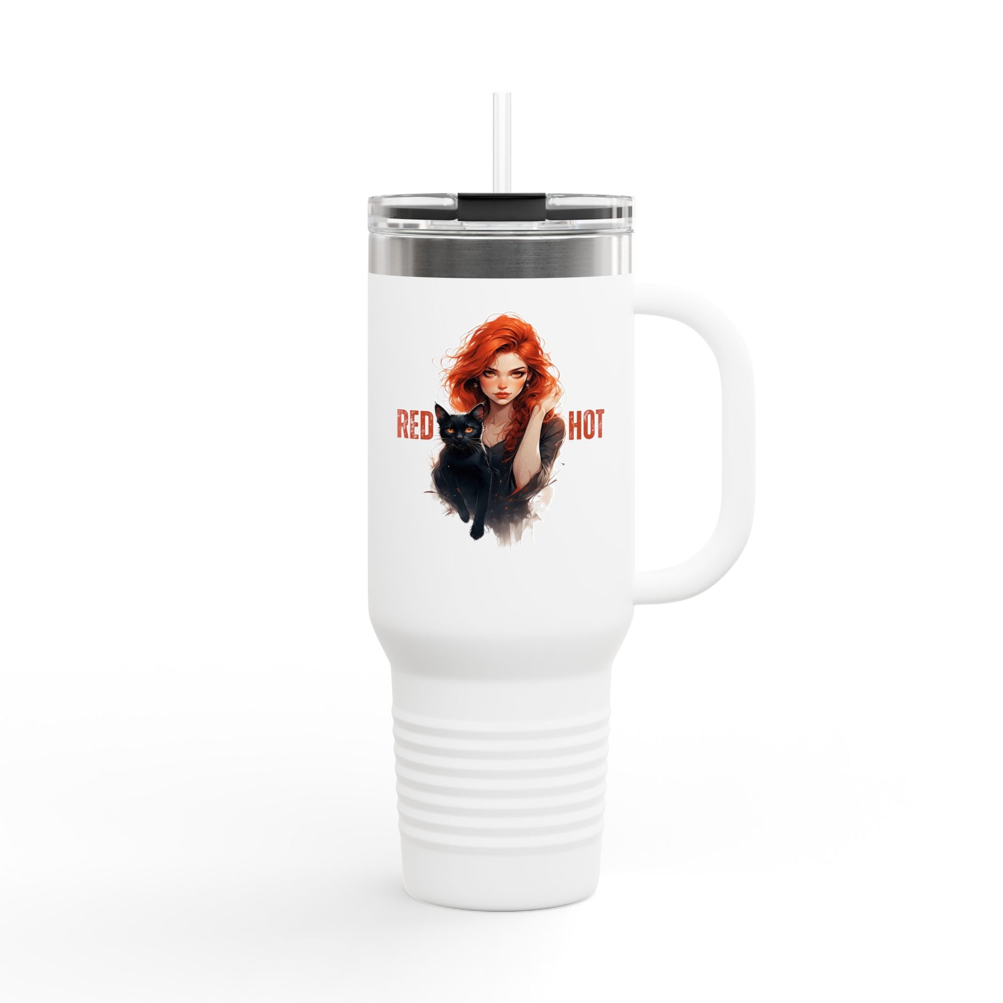 Insulated Travel Mug, Red Hot Vibes, 40oz Coffee Travel Tumbler for Cat Lovers