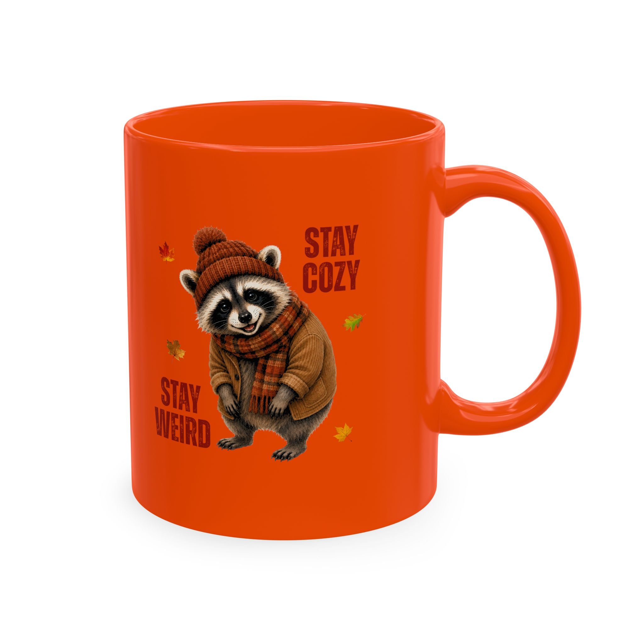 Jimothy “Stay Cozy, Stay Weird” Fall Raccoon Mug, 11 oz