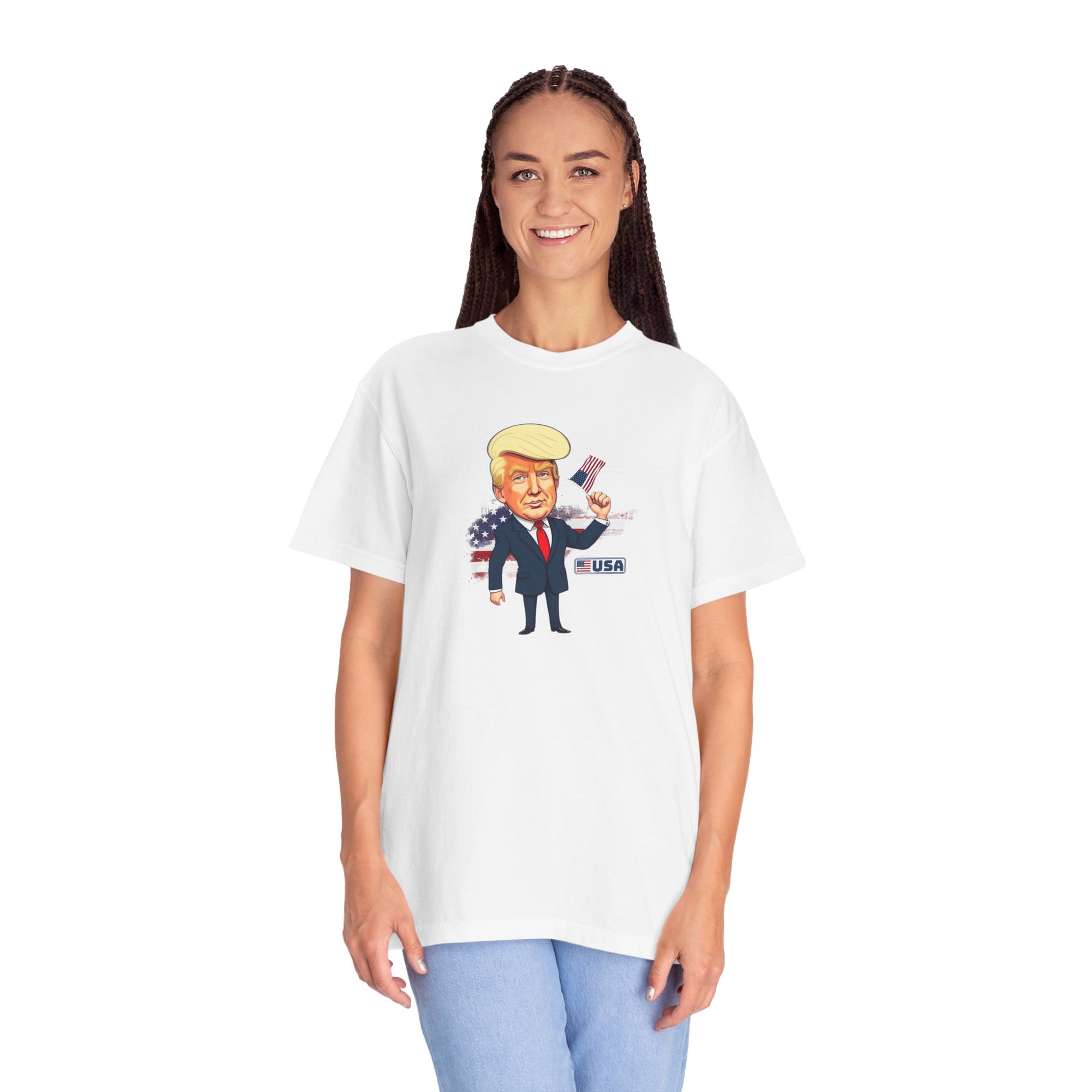 Patriotic Cartoon T-Shirt - Unisex Garment-Dyed Tee with Trump Design