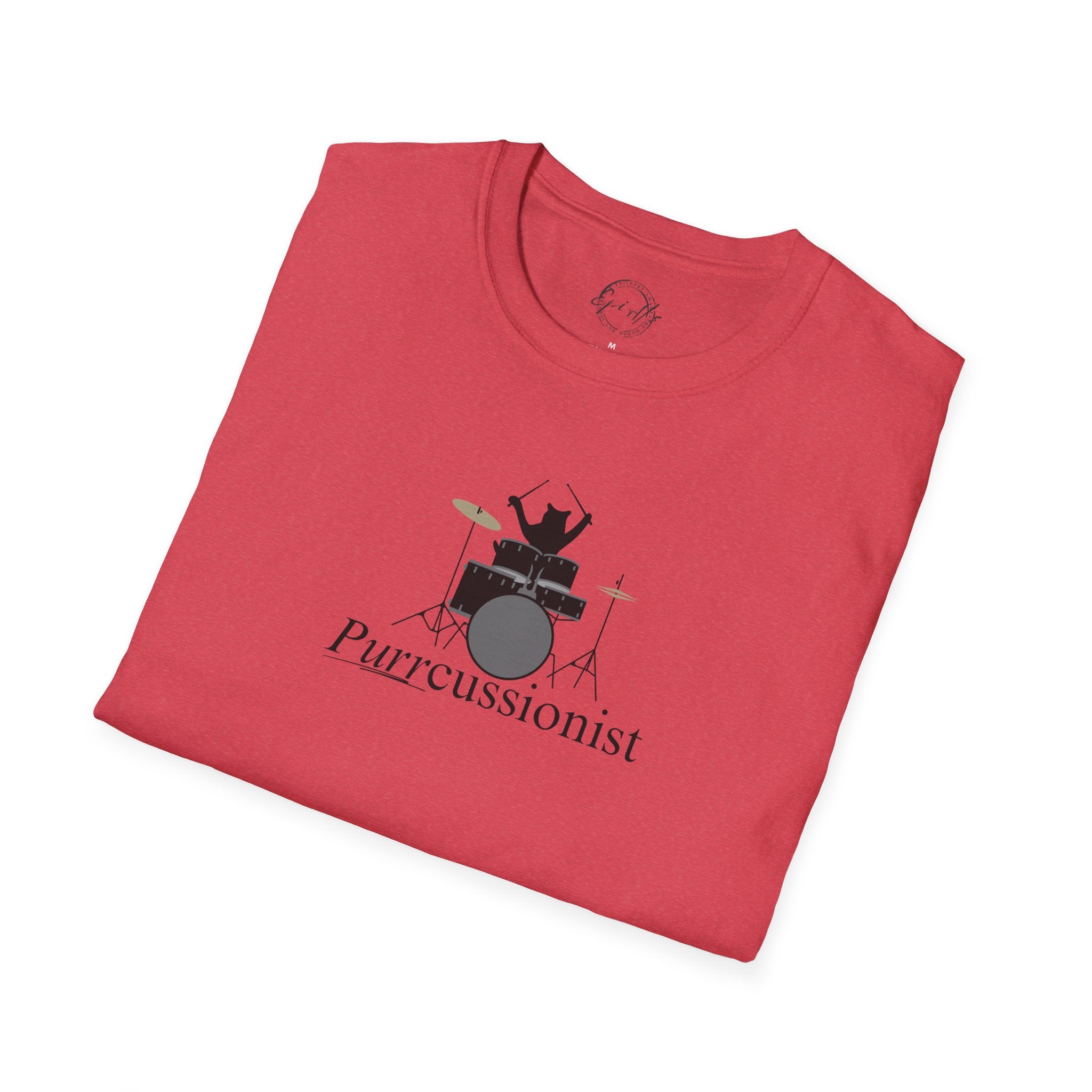 Photo depicting the ​Purrcussionist Unisex Softstyle T-Shirt from EpiAl's Shop.