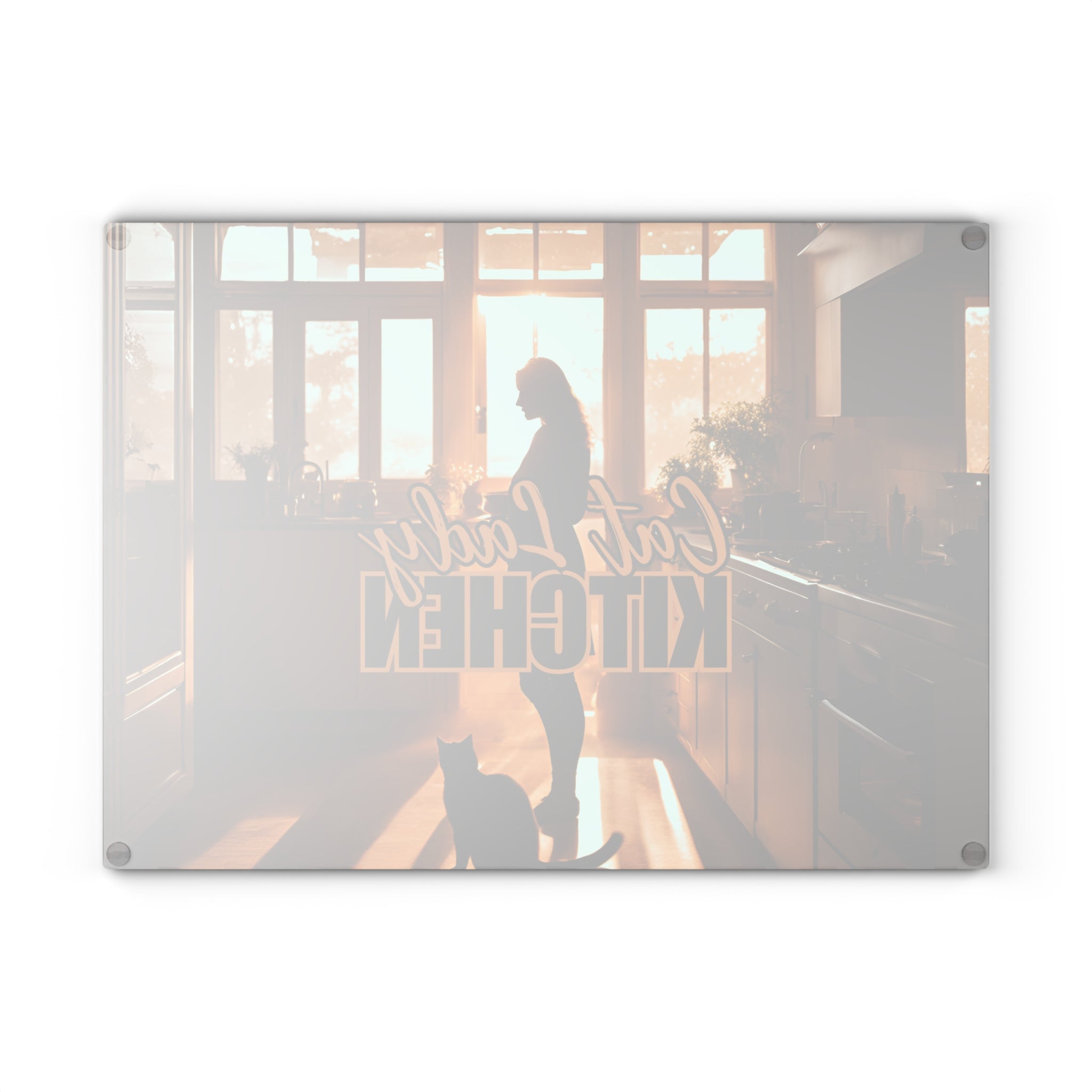 Photo depicting the ​Sunset Cat Lady Kitchen Glass Cutting Board from EpiAl's Shop.
