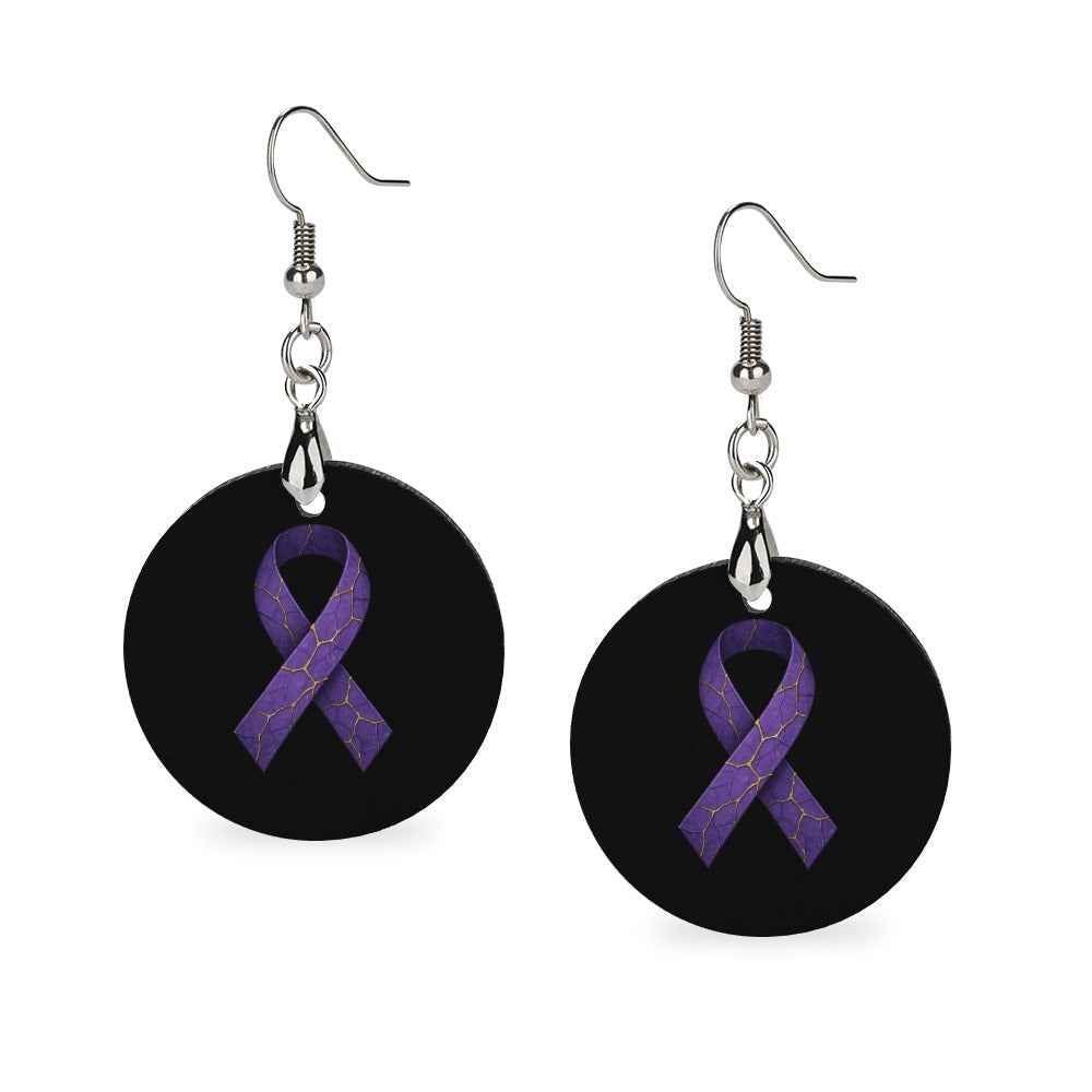 Purple Ribbon Epilepsy Awareness Wood Earrings – Lightweight Round Dangles