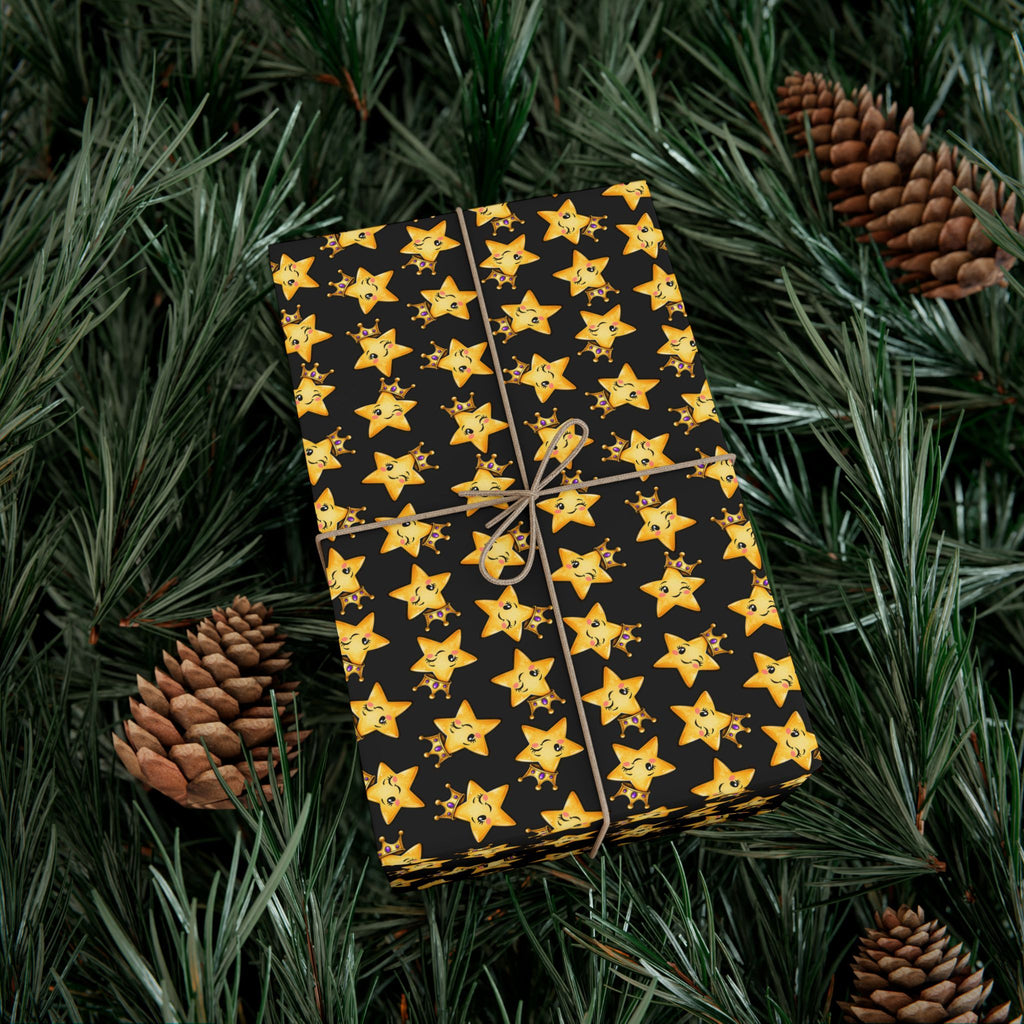 Main Character Crowned Star Wrapping Paper | Cute Black & Gold Gift Wrap
